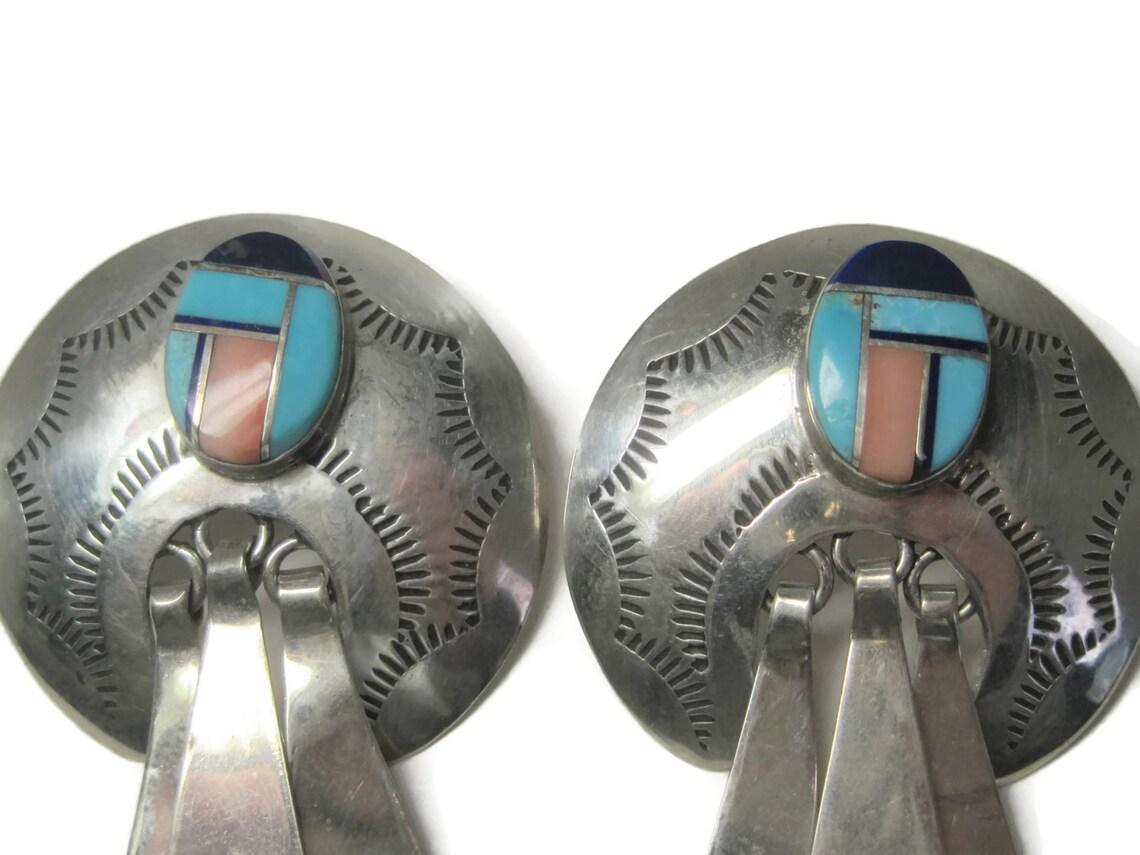 Women's Large Southwestern Sterling Inlay Earrings Turquoise Lapis Pink Spiny Oyster For Sale