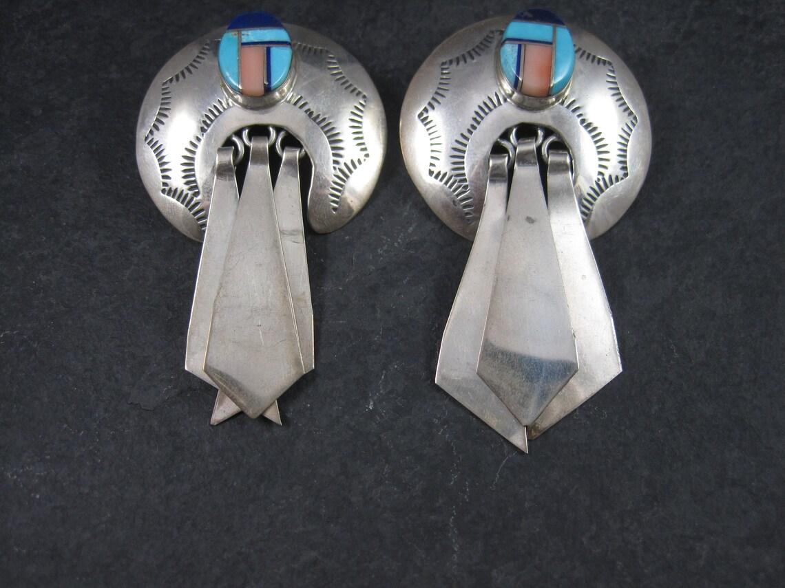 Large Southwestern Sterling Inlay Earrings Turquoise Lapis Pink Spiny Oyster For Sale 1