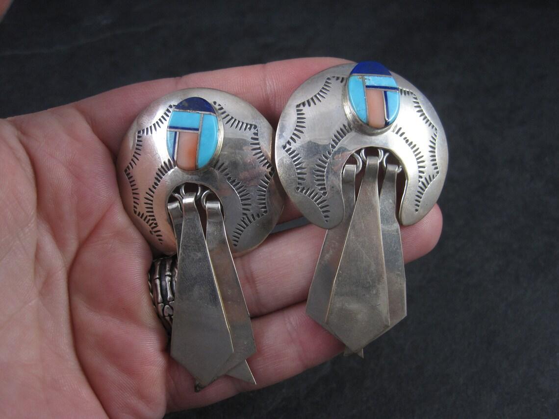 Large Southwestern Sterling Inlay Earrings Turquoise Lapis Pink Spiny Oyster For Sale 3