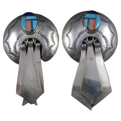 Large Southwestern Sterling Inlay Earrings Turquoise Lapis Pink Spiny Oyster
