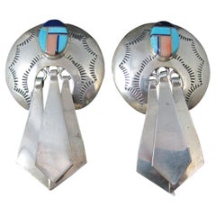 Large Southwestern Sterling Inlay Earrings Turquoise Lapis Pink Spiny Oyster