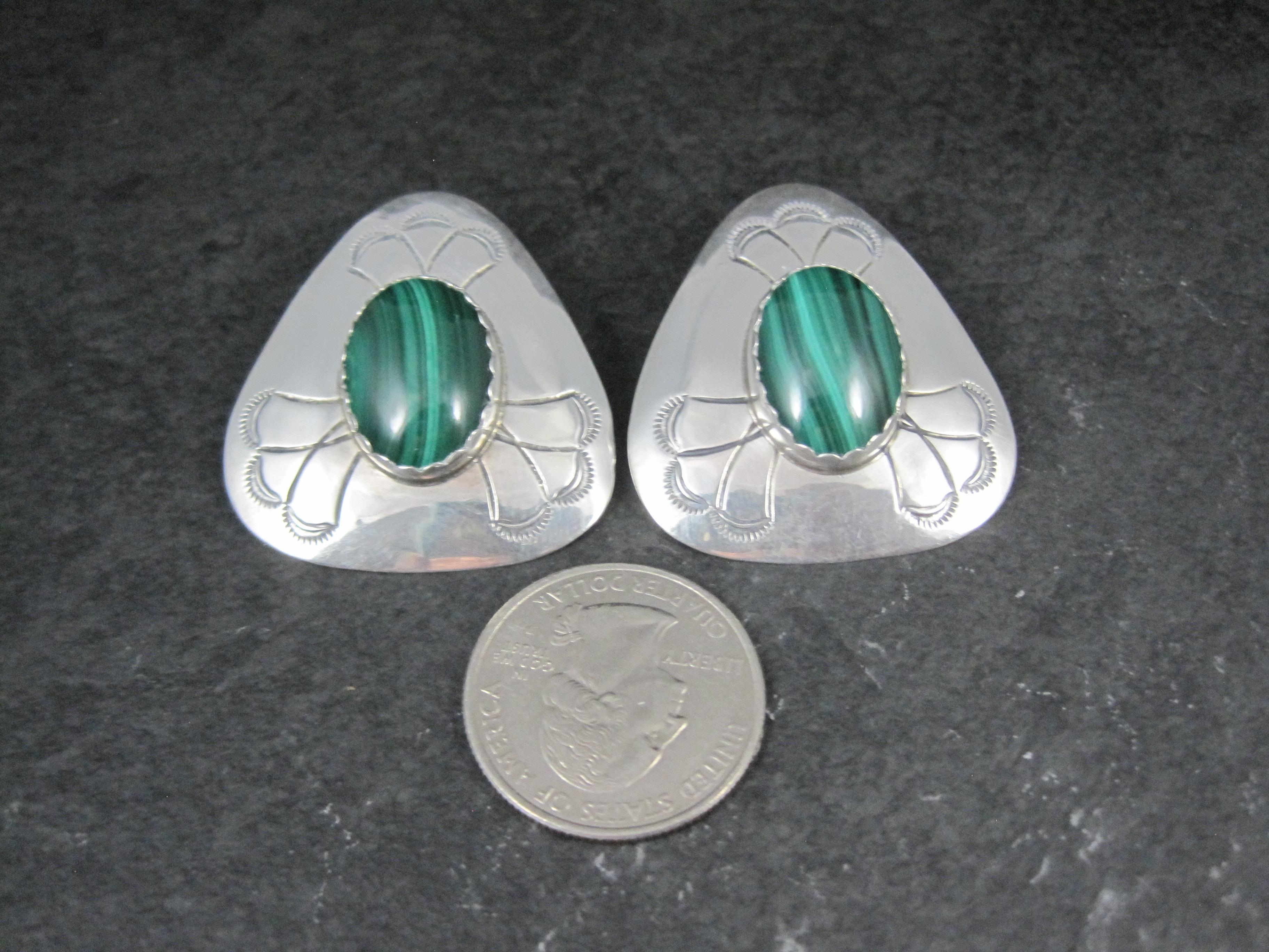 Native American Large Southwestern Sterling Silver Malachite Earrings Vintage Estate For Sale