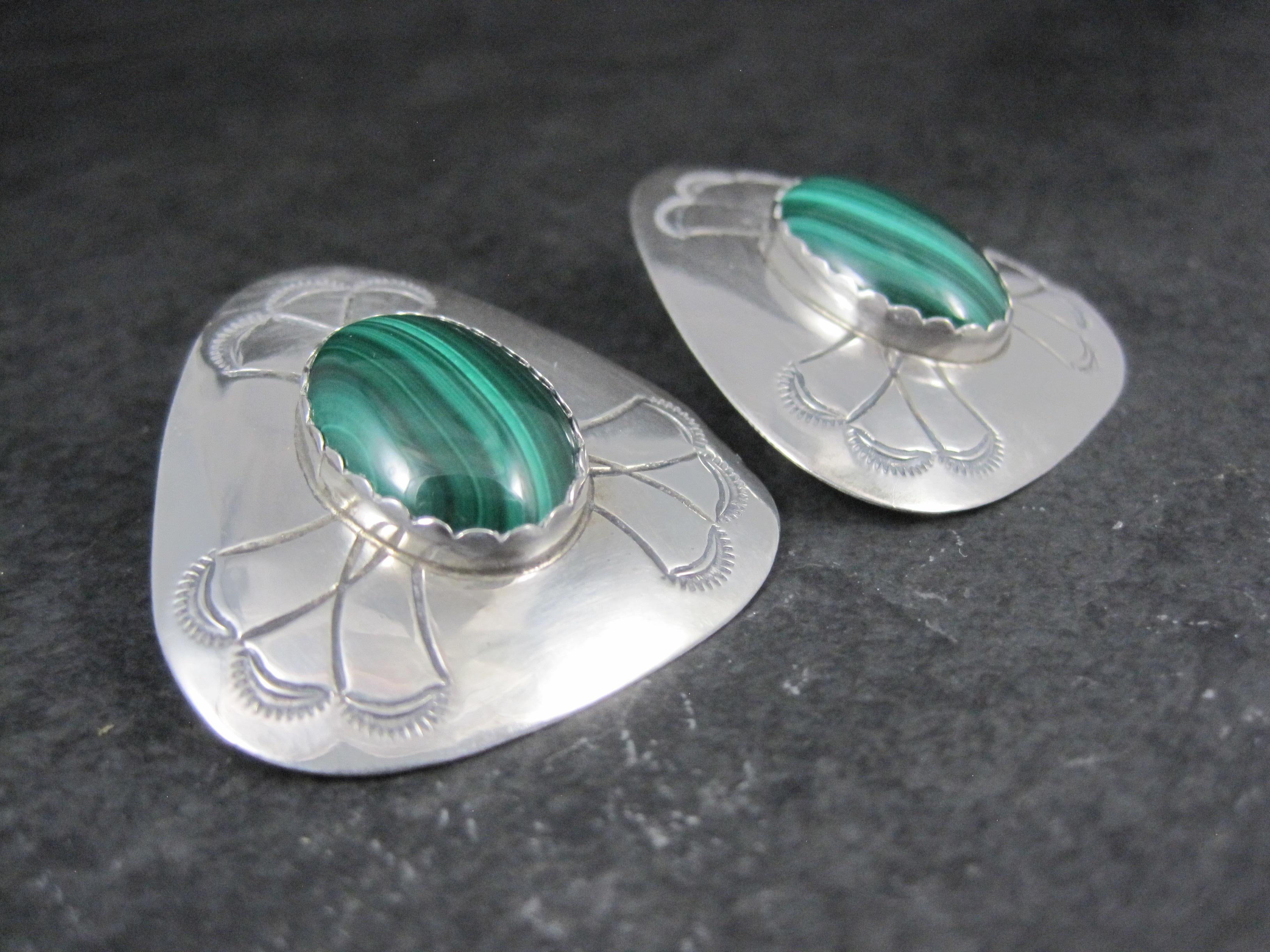 Cabochon Large Southwestern Sterling Silver Malachite Earrings Vintage Estate For Sale