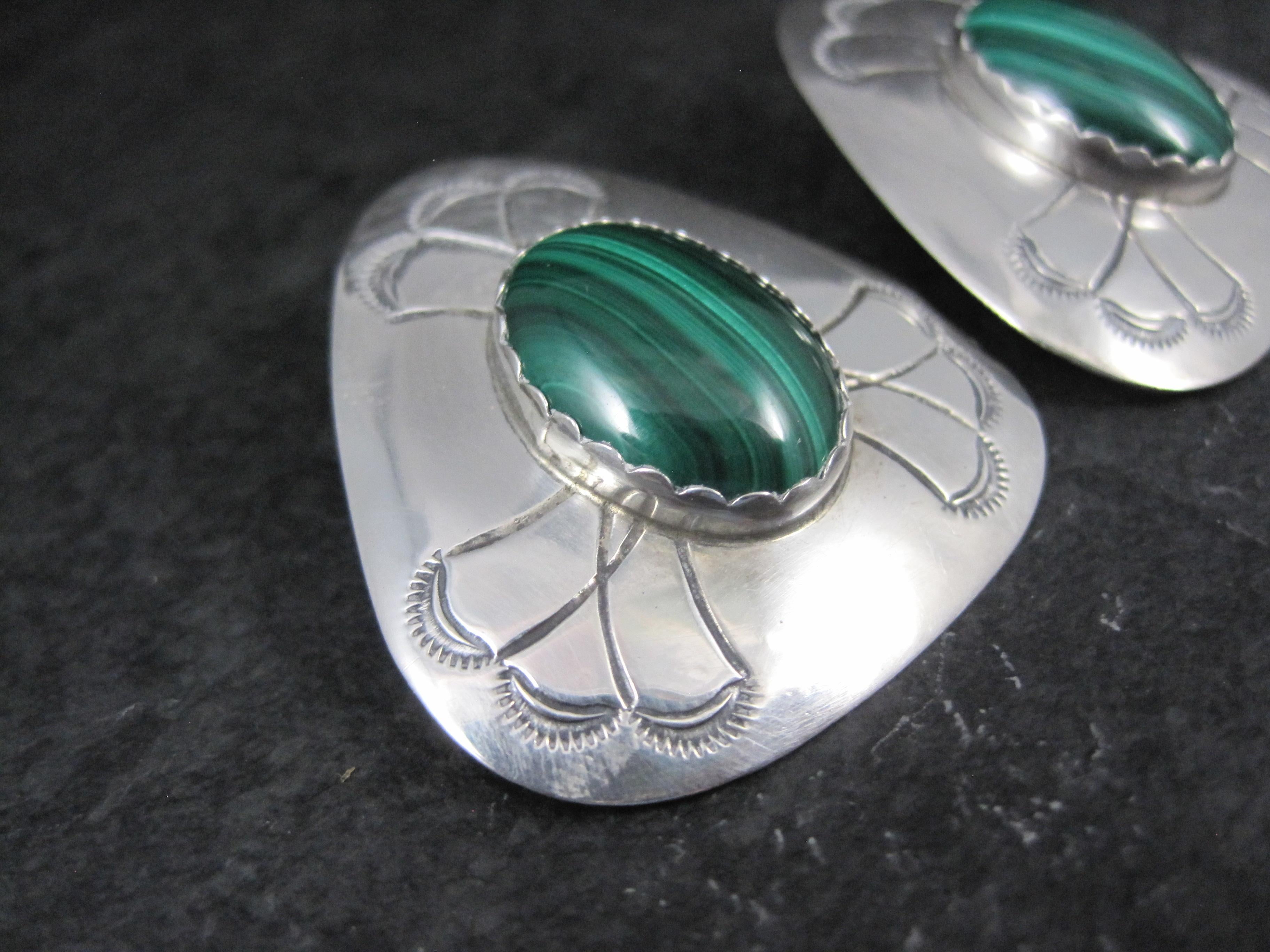 Large Southwestern Sterling Silver Malachite Earrings Vintage Estate In Excellent Condition For Sale In Webster, SD