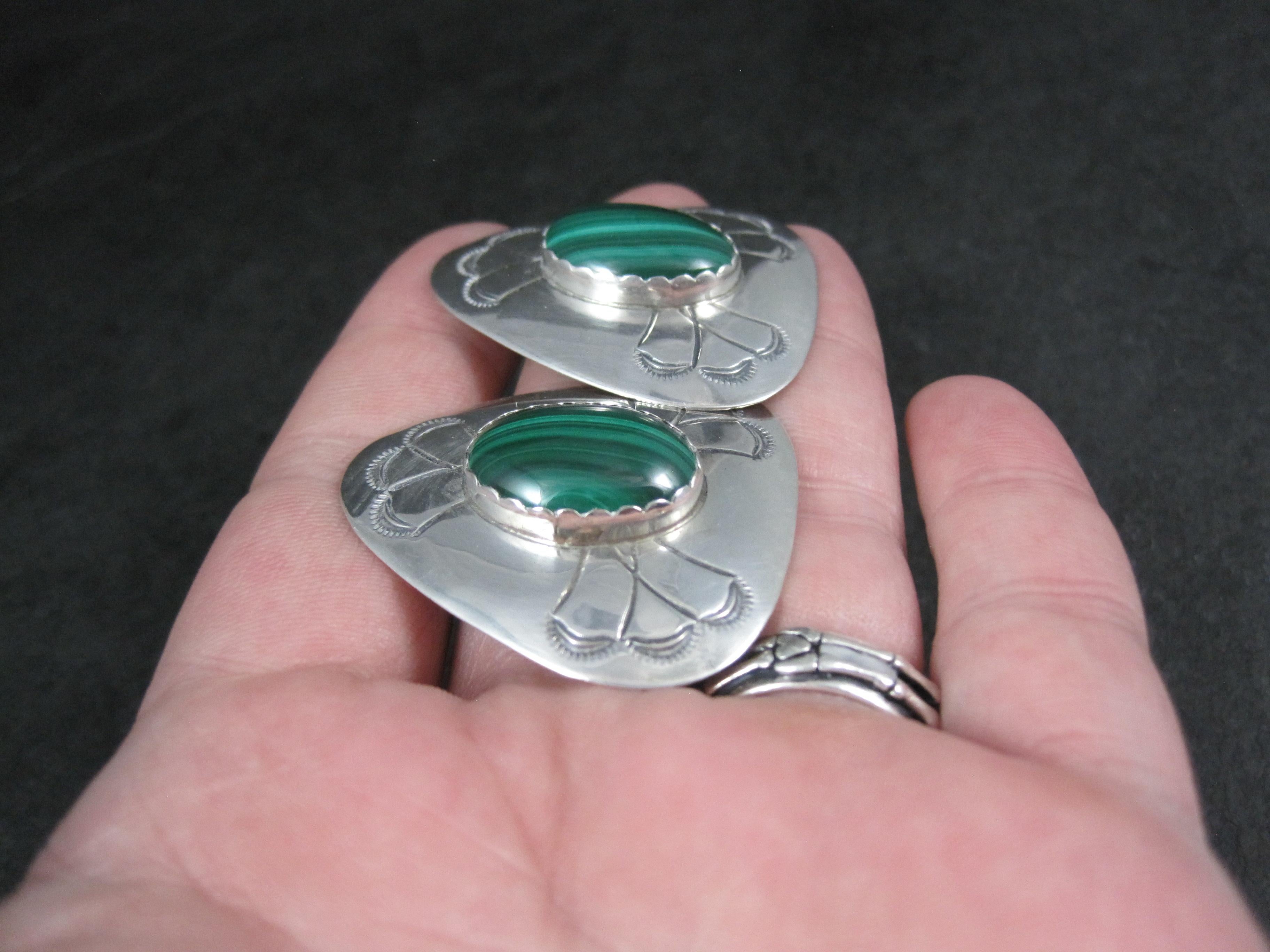 Large Southwestern Sterling Silver Malachite Earrings Vintage Estate For Sale 2