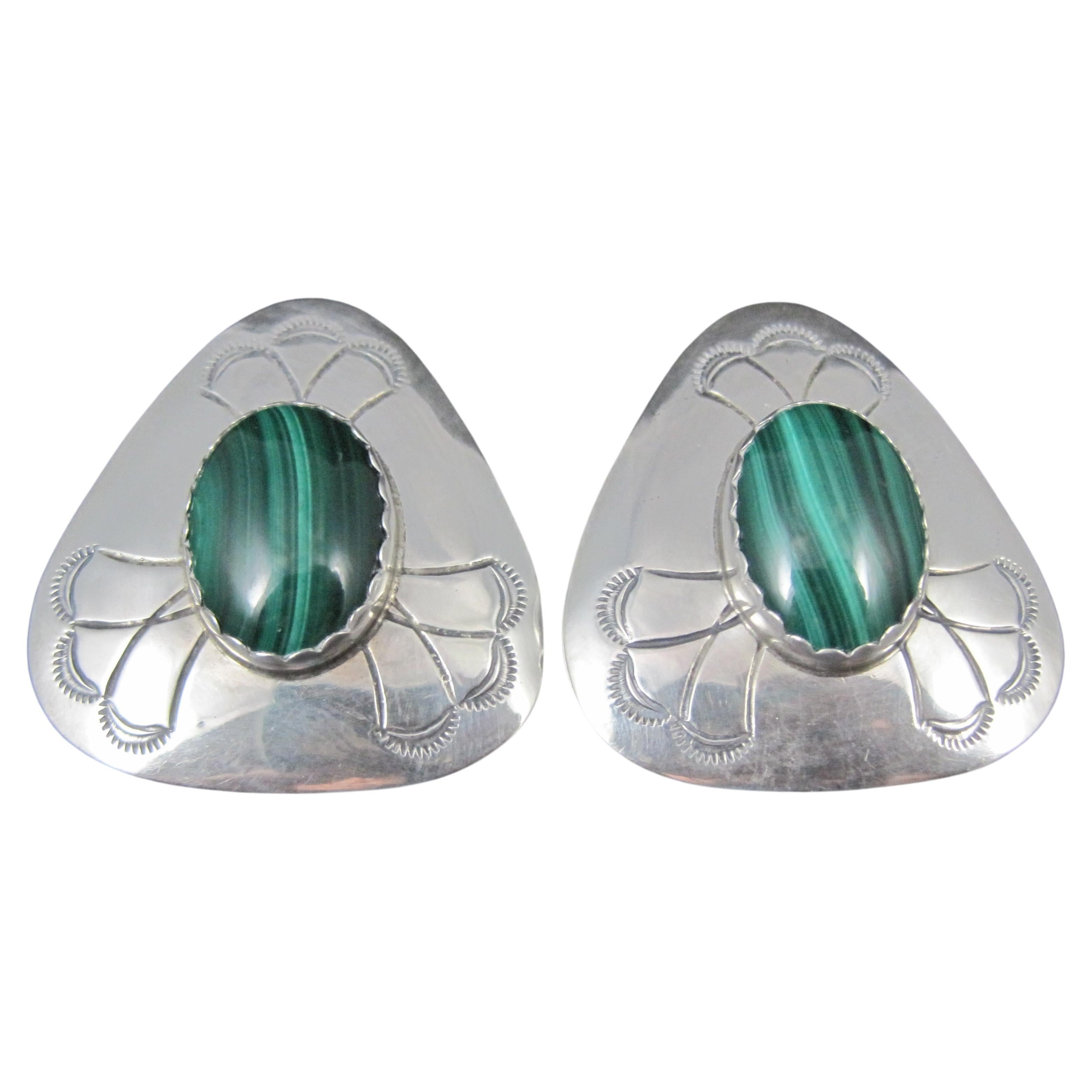 Pendientes grandes de malaquita de plata del suroeste Vintage Estate
