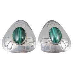 Large Southwestern Sterling Silver Malachite Earrings Vintage Estate
