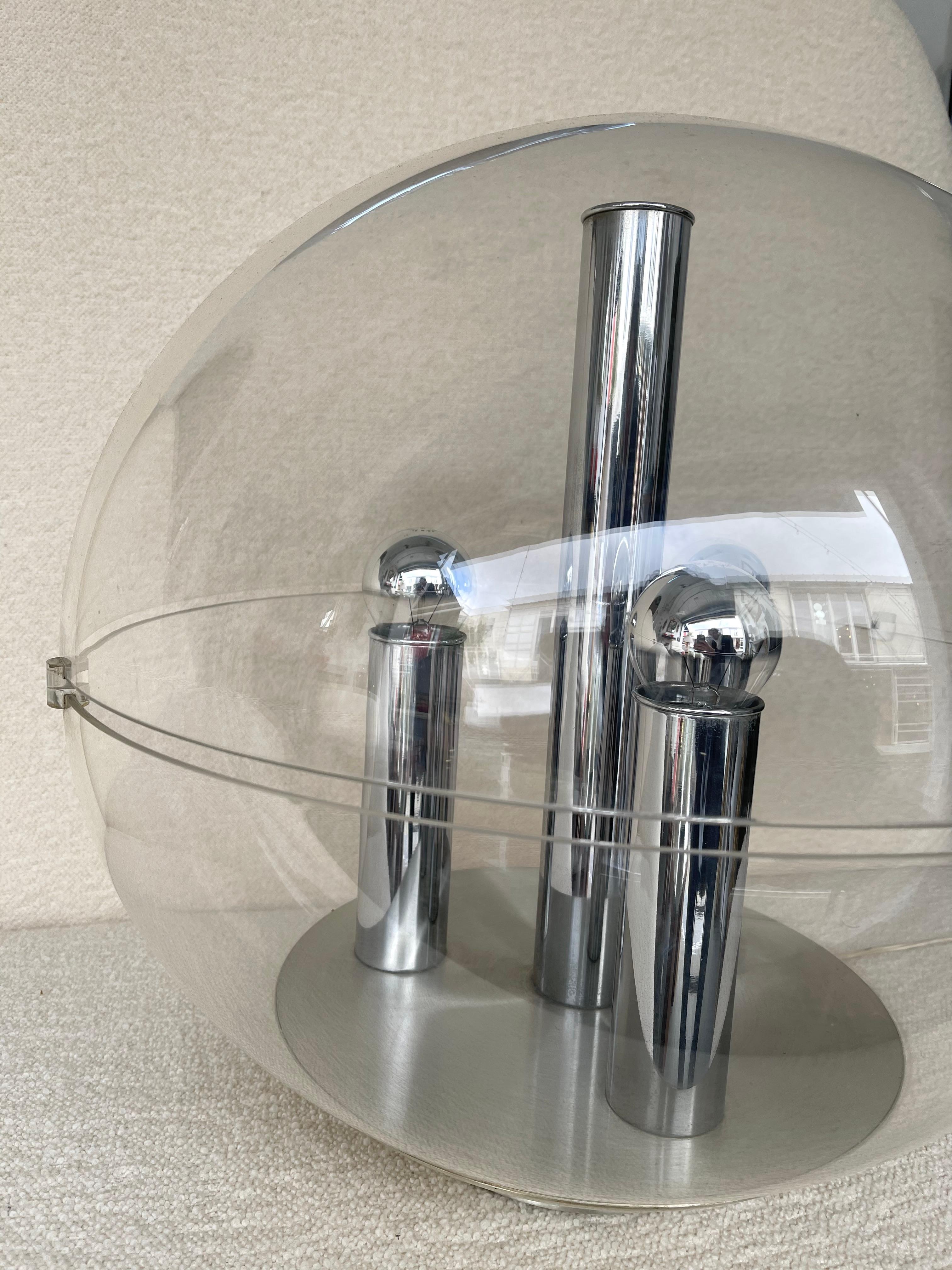Chrome Large Space Age Lucite and Metal Ball Lamp, Italy, 1970s For Sale