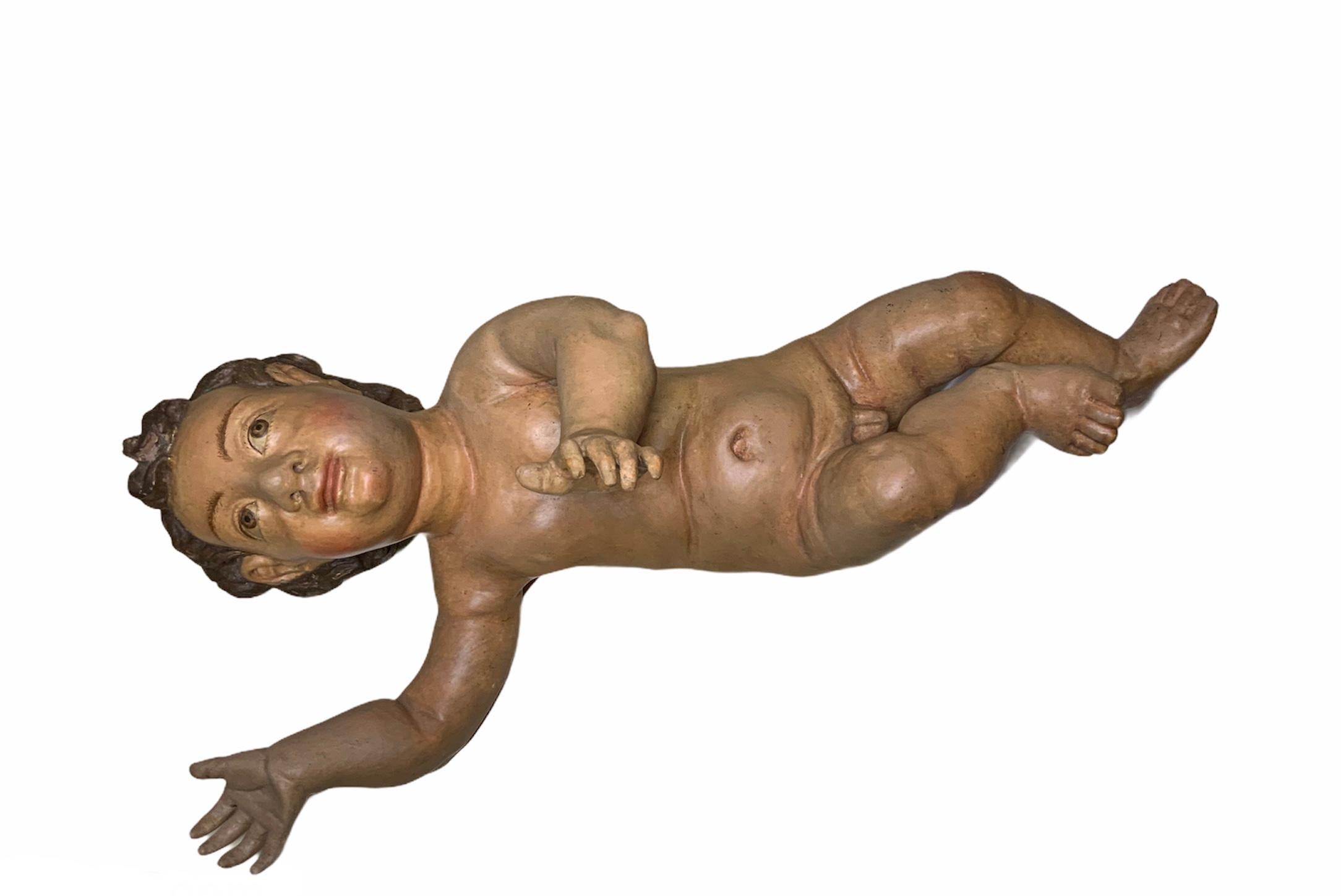 Hand-Carved Large Spaniard Hand Painted and Carved Wood Baby Jesus For Sale