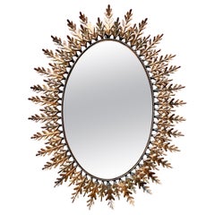 Large Spanish 1950's Oval Gilt Metal Sunburst Mirror
