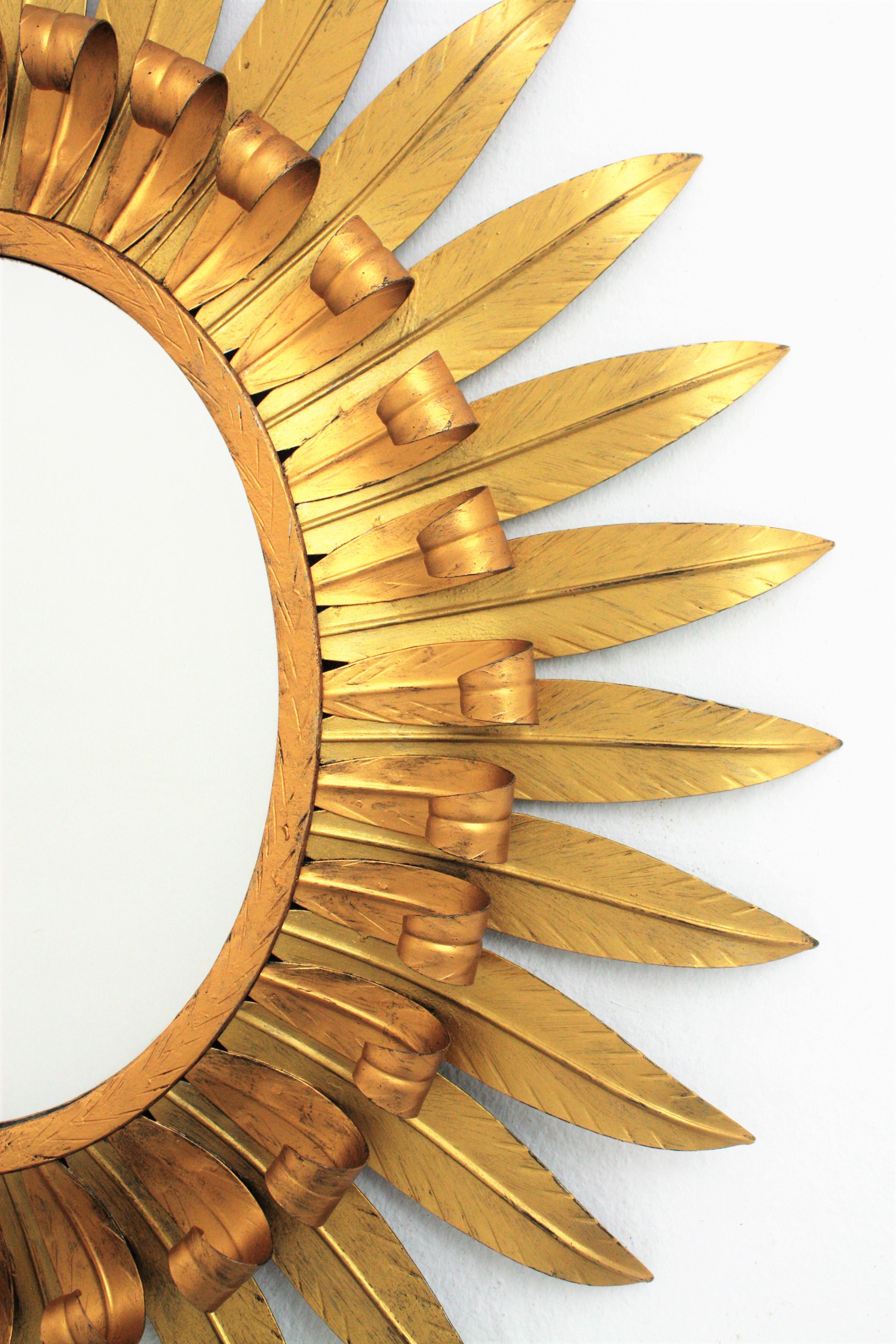 Large Spanish 1960s Double Layer Eyelash Bicolor Gilt Iron Oval Sunburst Mirror 5