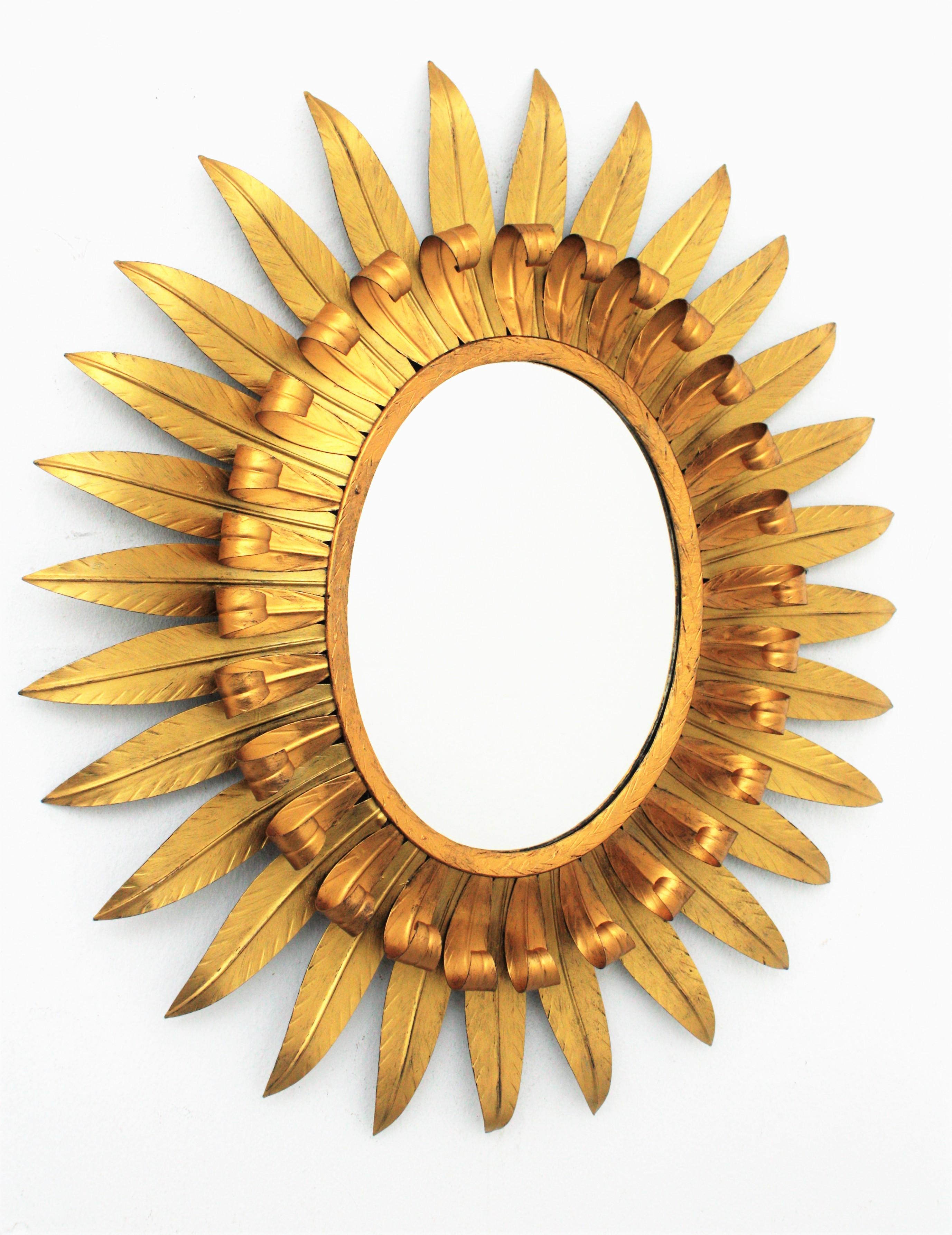 Mid-Century Modern Large Spanish 1960s Double Layer Eyelash Bicolor Gilt Iron Oval Sunburst Mirror