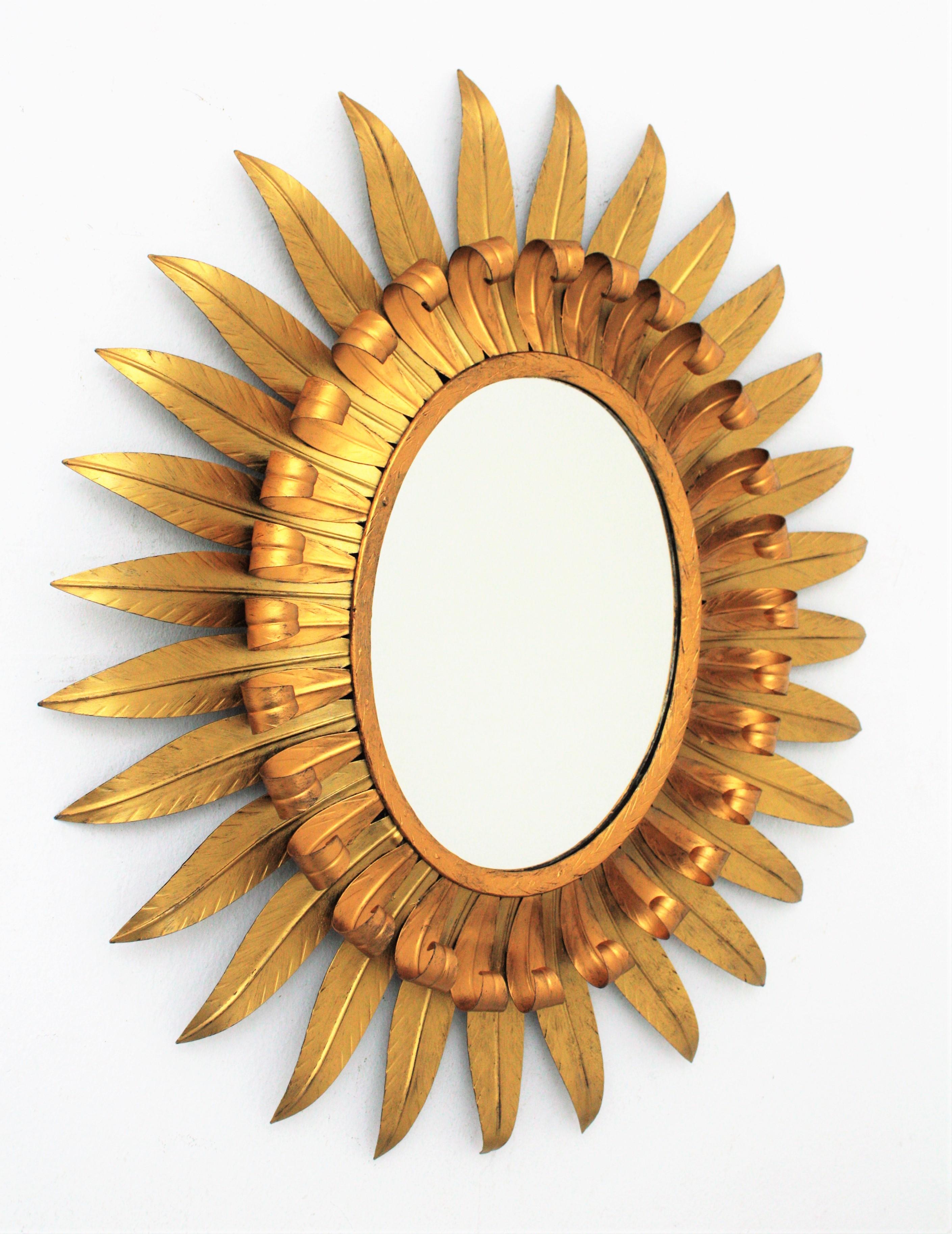 Hammered Large Spanish 1960s Double Layer Eyelash Bicolor Gilt Iron Oval Sunburst Mirror