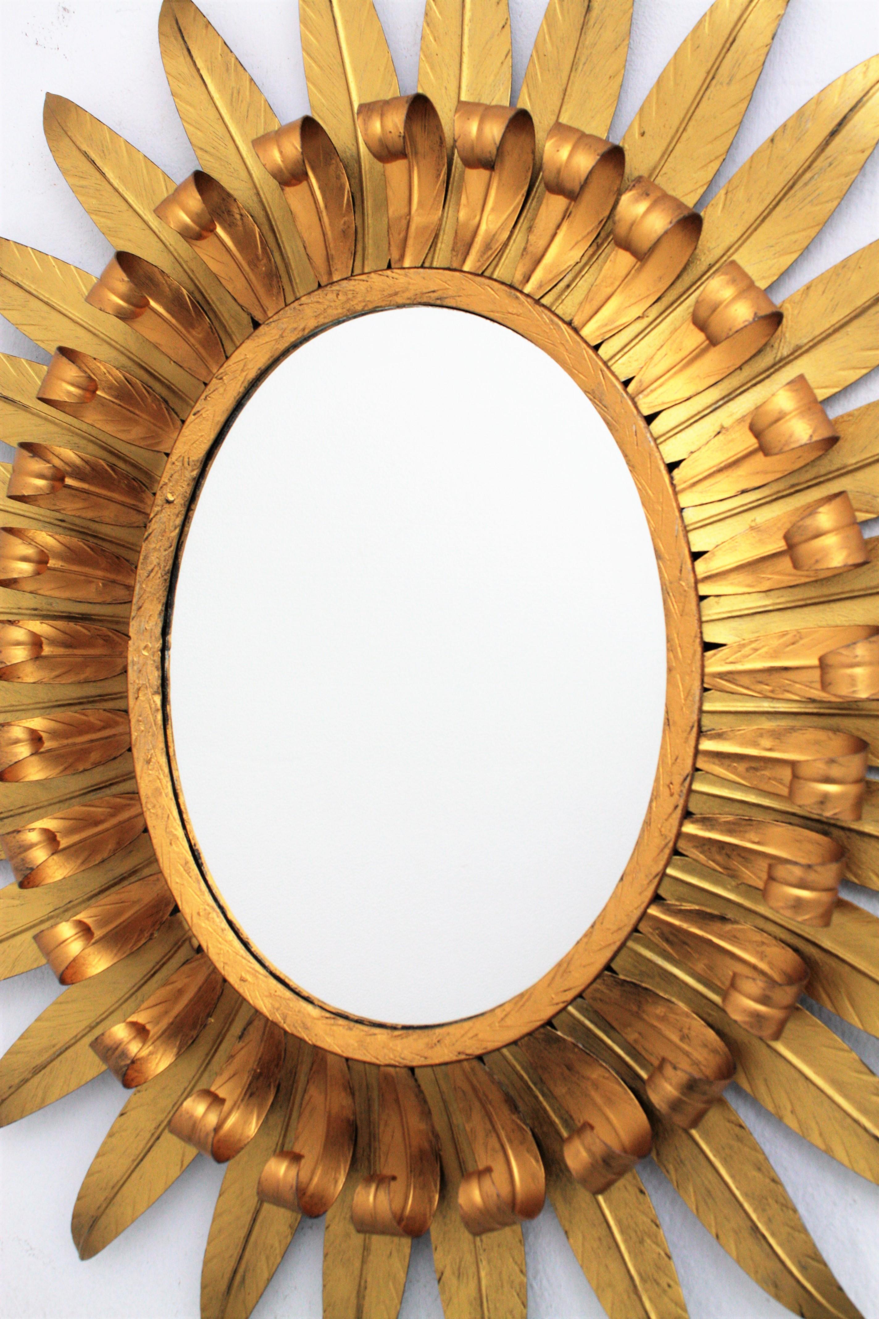 Mid-20th Century Large Spanish 1960s Double Layer Eyelash Bicolor Gilt Iron Oval Sunburst Mirror