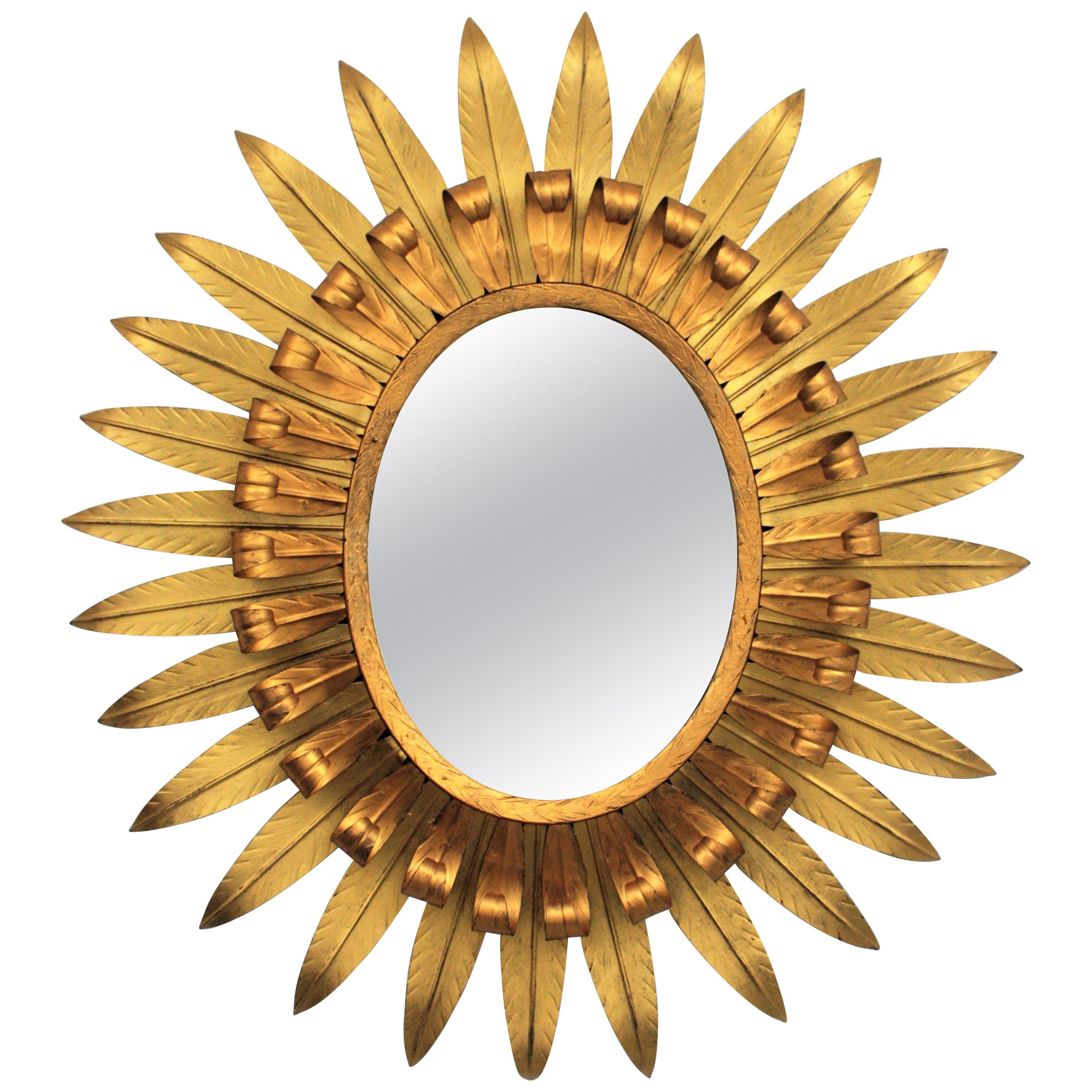 Large Spanish 1960s Double Layer Eyelash Bicolor Gilt Iron Oval Sunburst Mirror