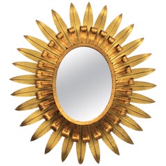 Large Spanish 1960s Double Layer Eyelash Bicolor Gilt Iron Oval Sunburst Mirror