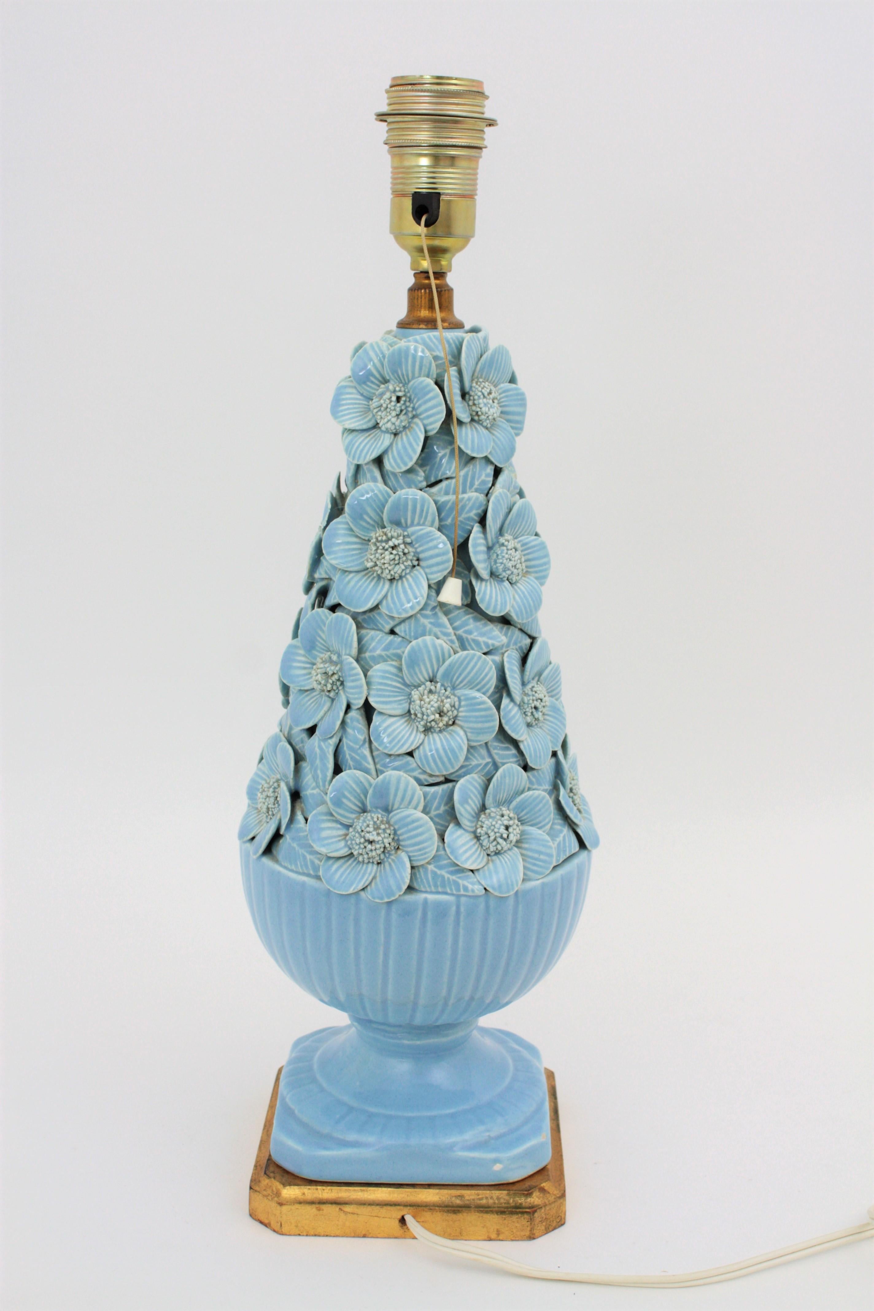 Mid-20th Century Large Spanish 1960s Floral Majolica Blue Glazed Manises Ceramic Table Lamp