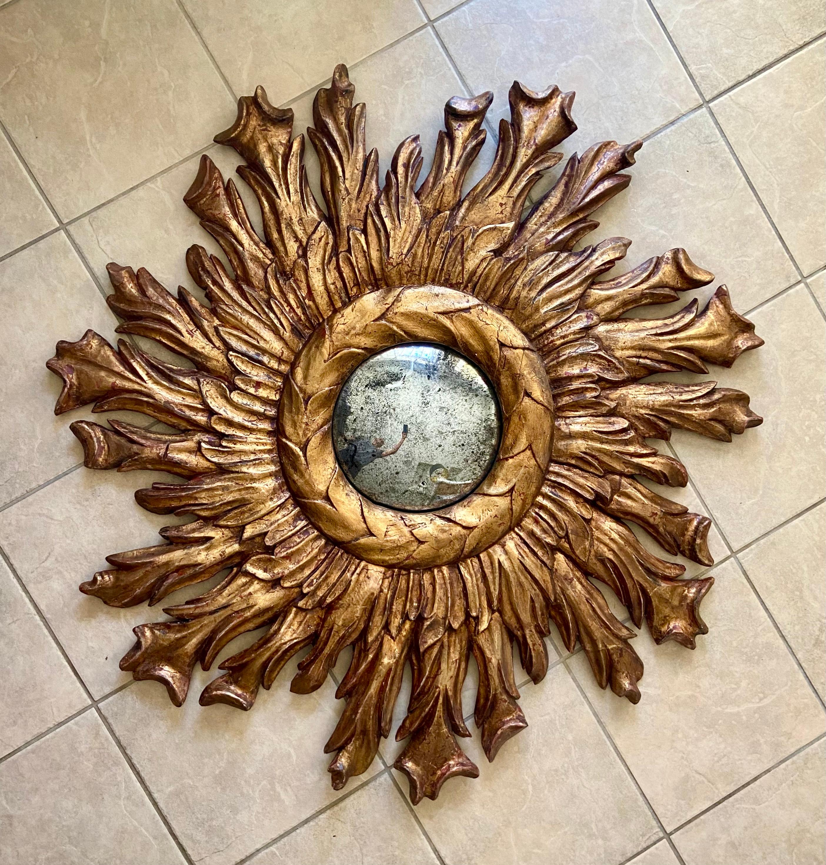 Large Spanish Baroque Sunburst Bulleye Wall Mirror In Good Condition For Sale In Palm Springs, CA