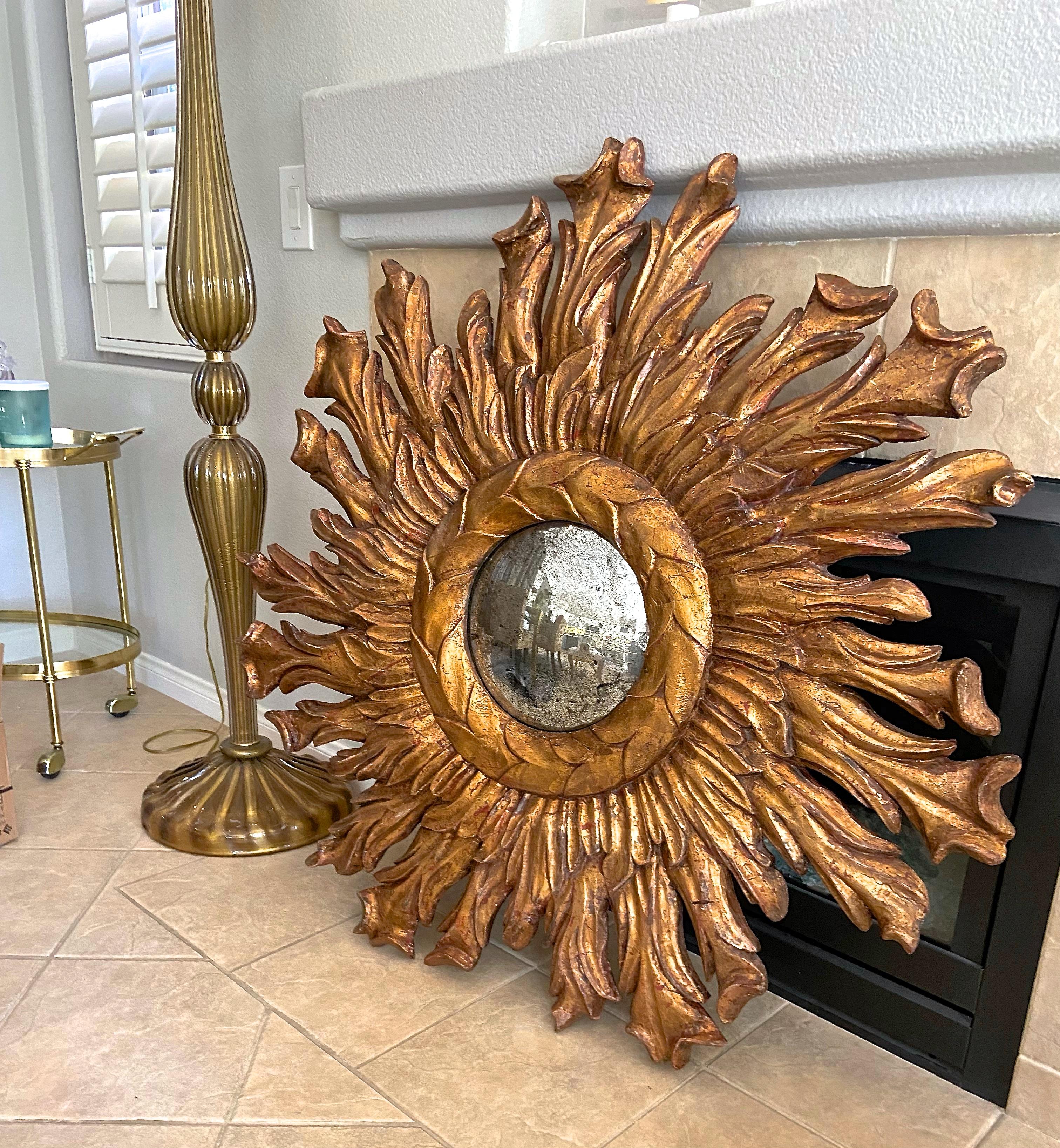 Large Spanish Baroque Sunburst Bulleye Wall Mirror For Sale 1