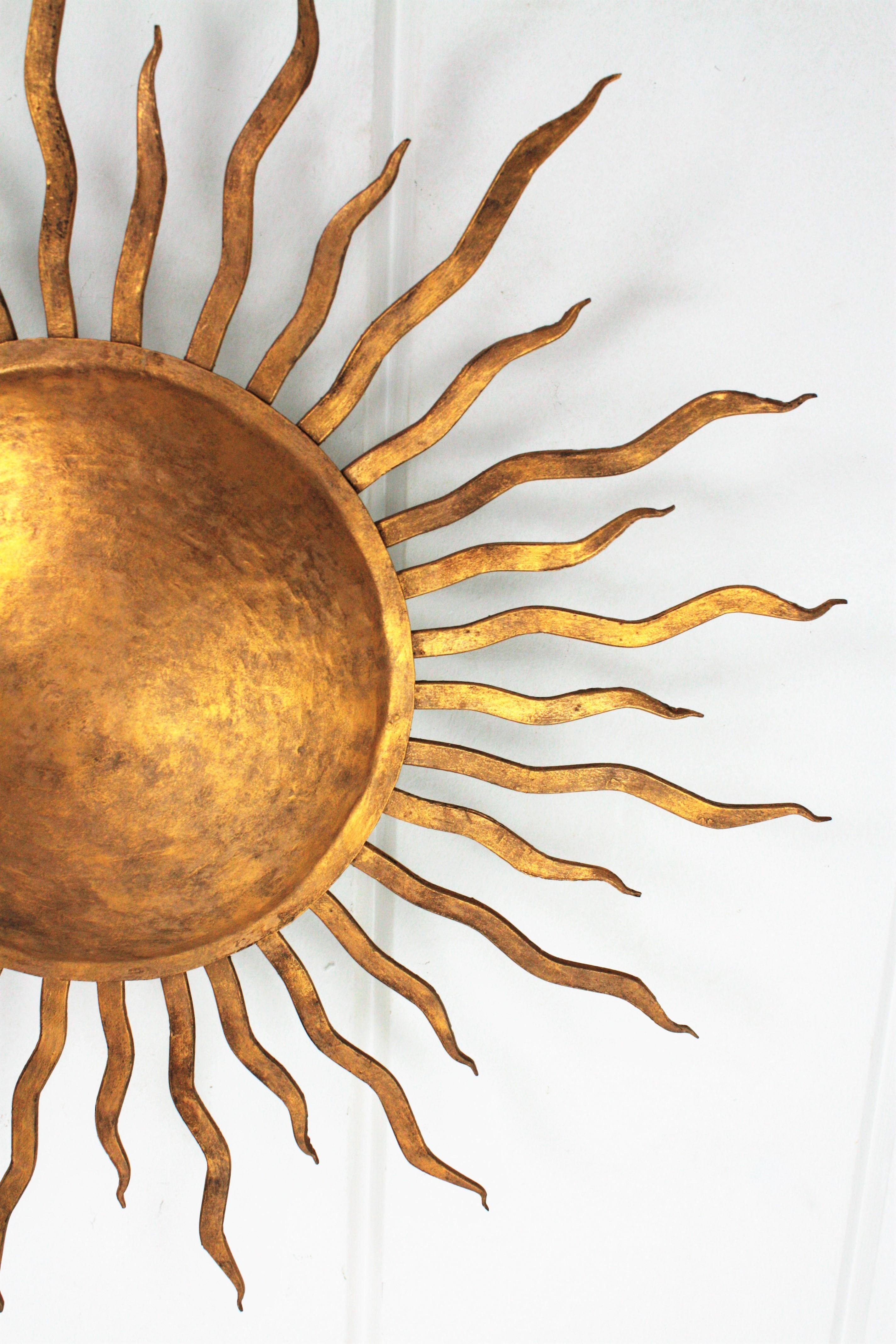 Large Spanish Brutalist Hand-Hammered Gilt Iron Sunburst Ceiling Light Fixture 5