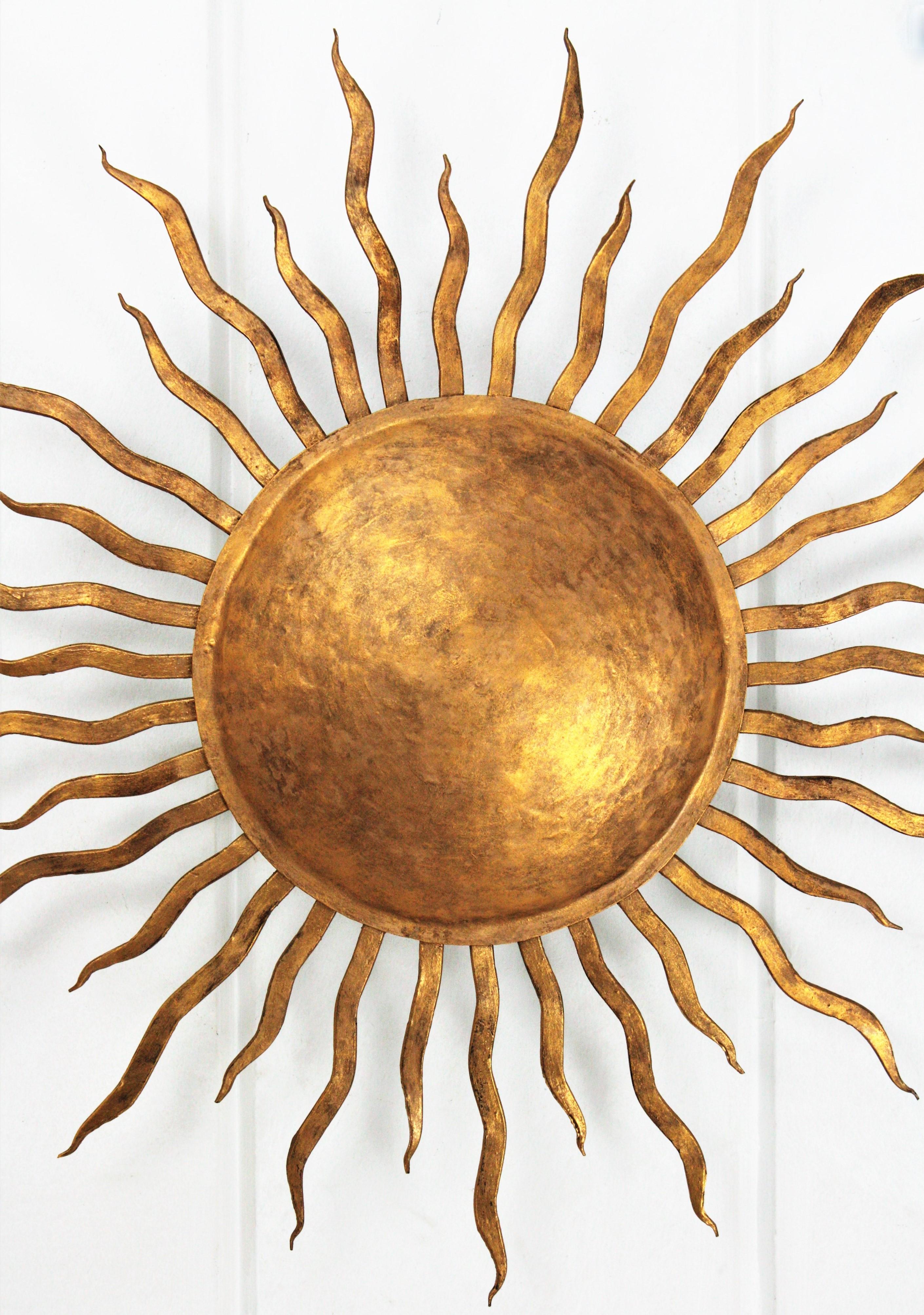 Gold Leaf Large Spanish Brutalist Hand-Hammered Gilt Iron Sunburst Ceiling Light Fixture