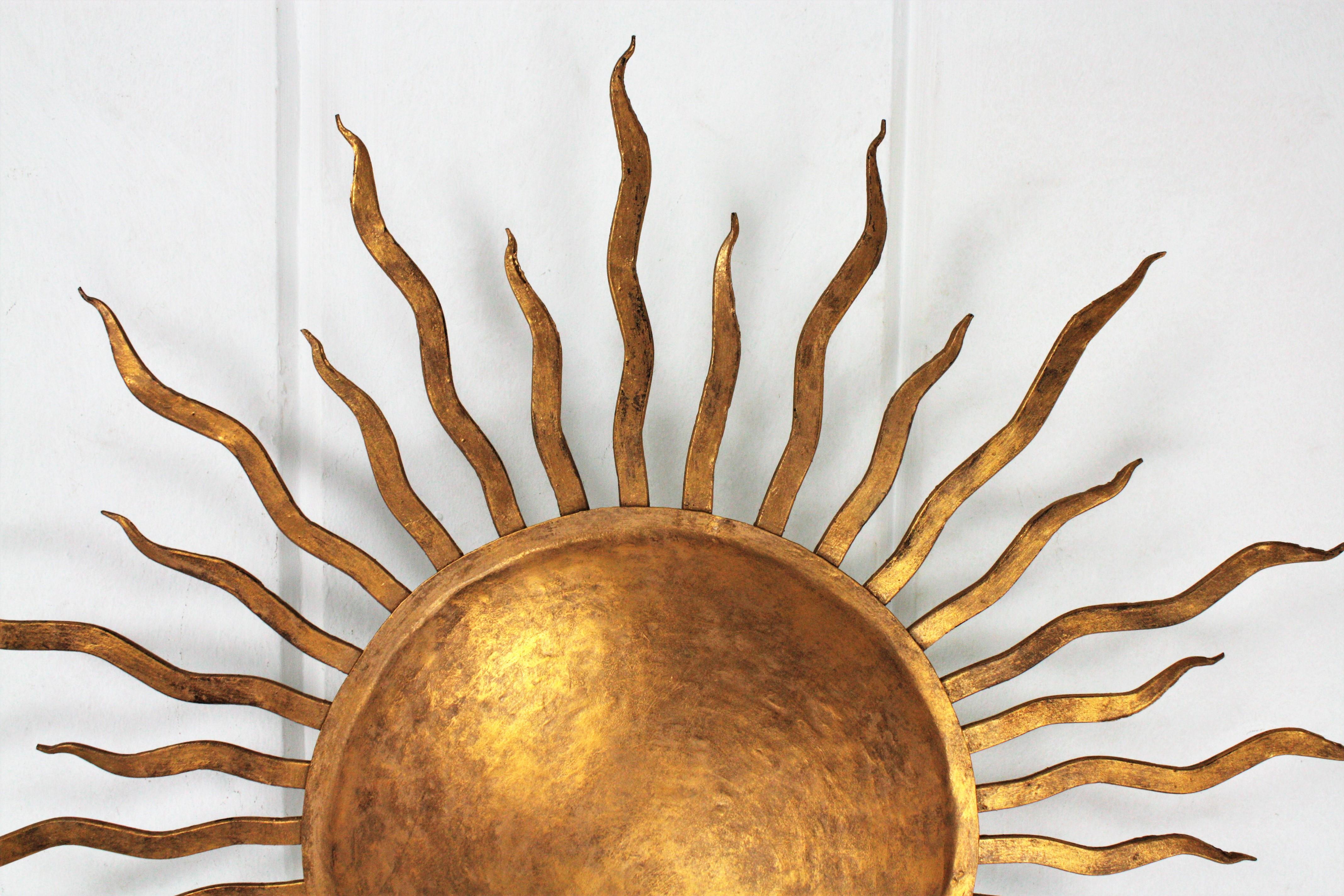 Large Spanish Brutalist Hand-Hammered Gilt Iron Sunburst Ceiling Light Fixture 2