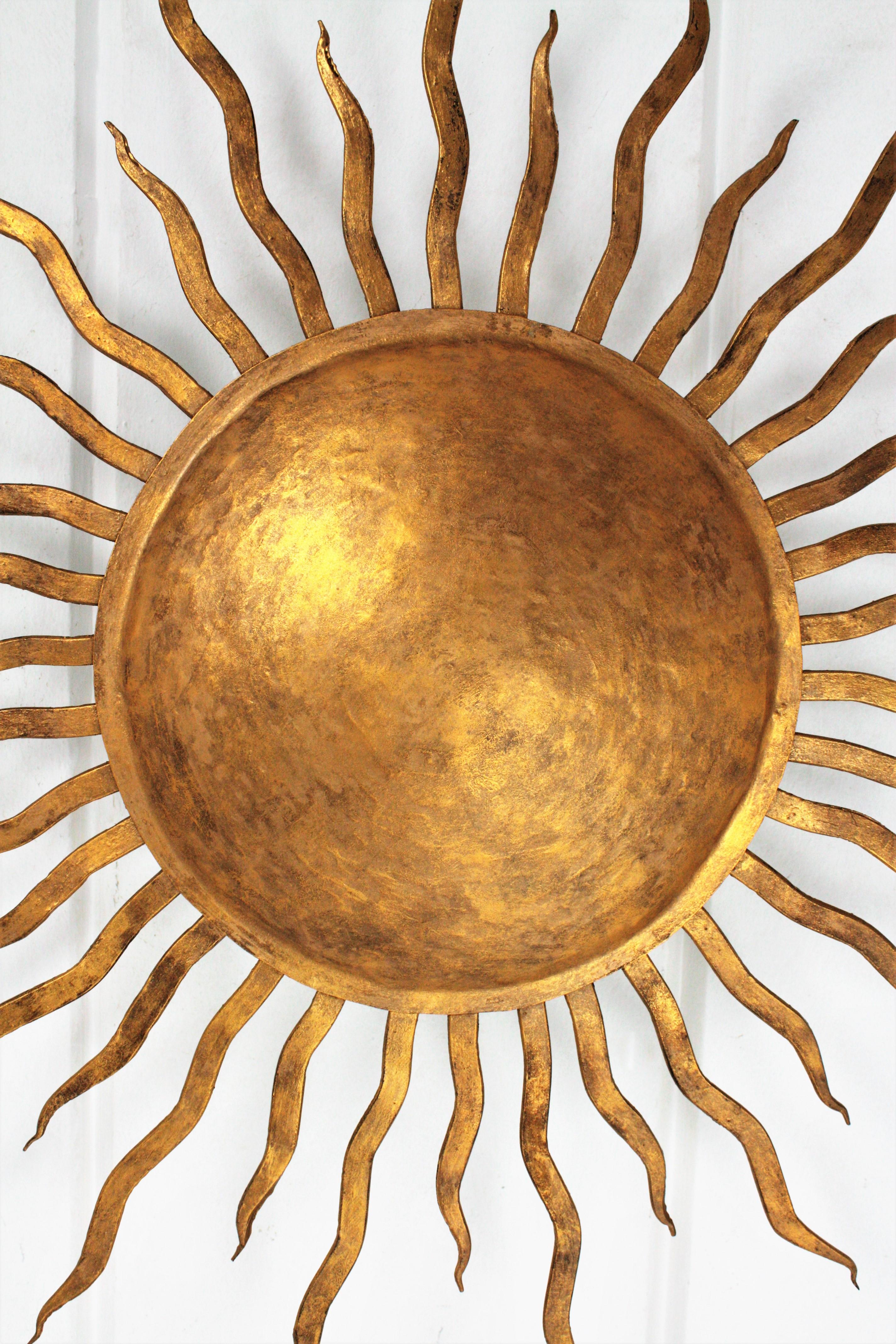 Large Spanish Brutalist Hand-Hammered Gilt Iron Sunburst Ceiling Light Fixture 4