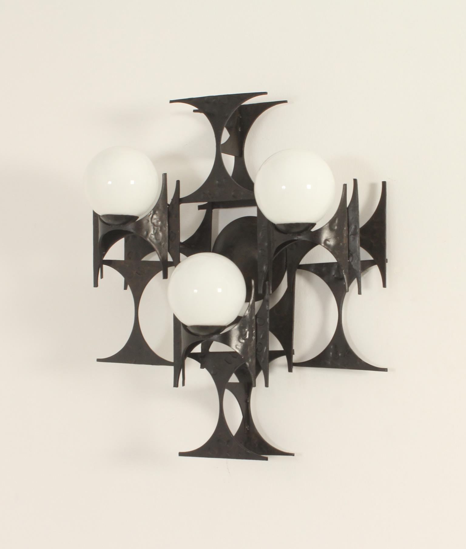 Opaline Glass Large Spanish Brutalist Sconce in Forged Iron from 1960's For Sale