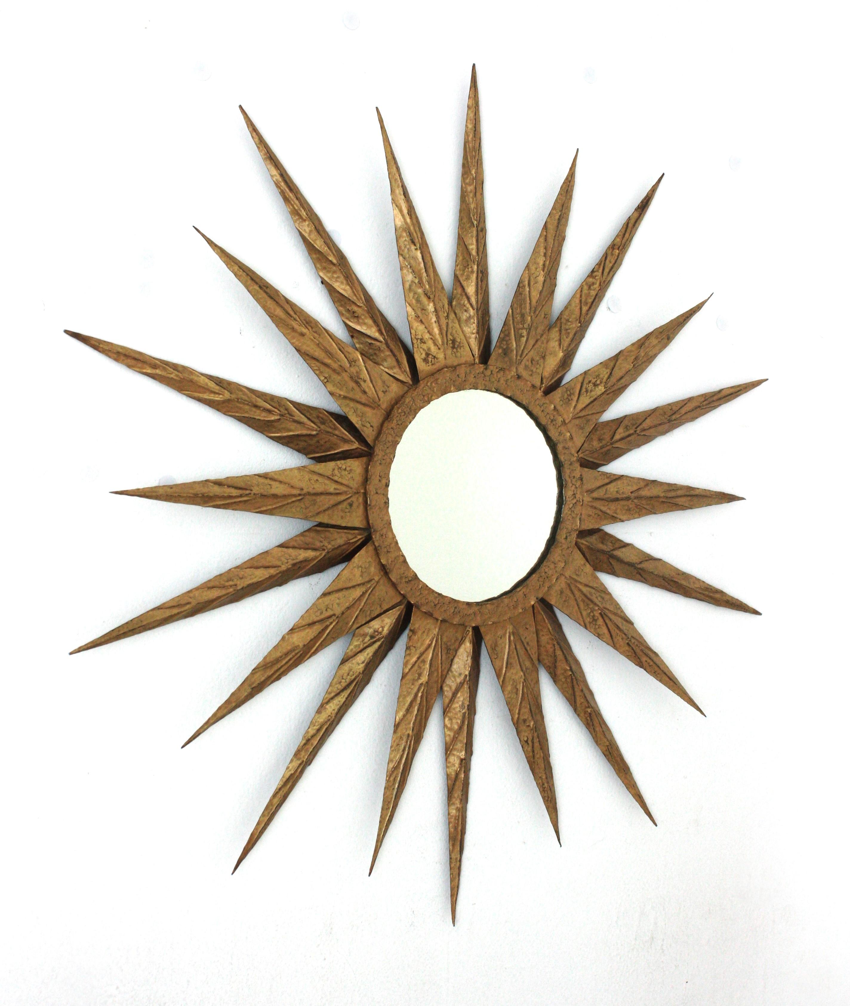 20th Century Large Spanish Brutalist Sunburst Mirror in Gilt Metal, 1950s For Sale
