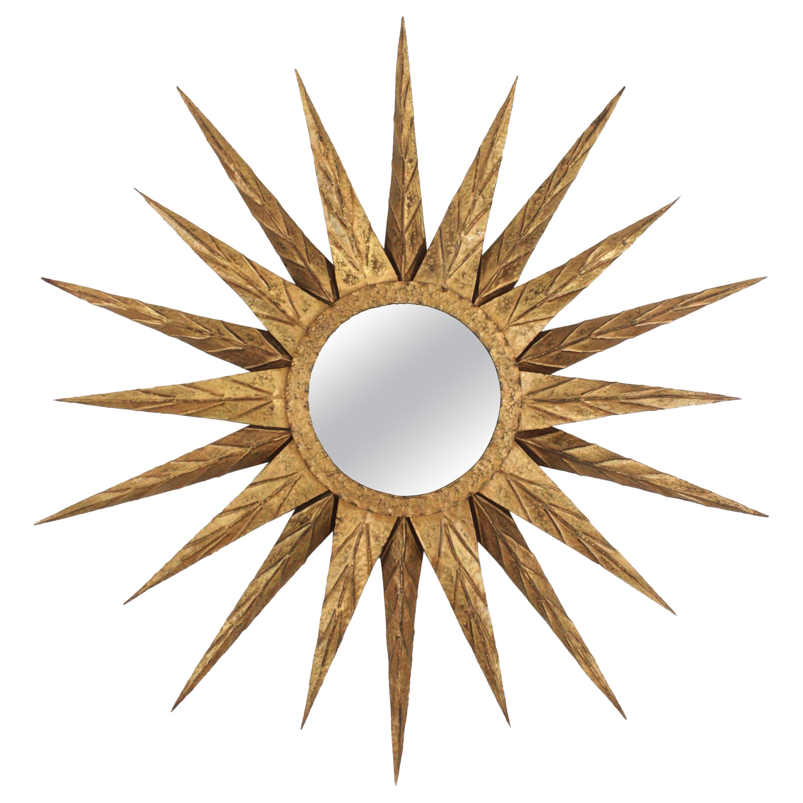 Large Spanish Brutalist Sunburst Mirror in Gilt Metal, 1950s