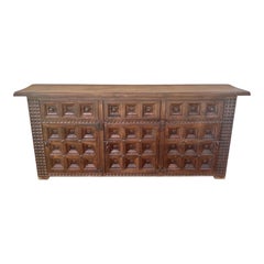Large Spanish Carved Walnut Sideboard with Geometric Panels, Mid-20th Century