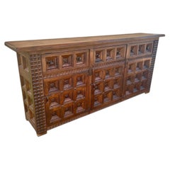 Large Spanish Carved Walnut Sideboard with Geometric Panels, Mid-20th Century