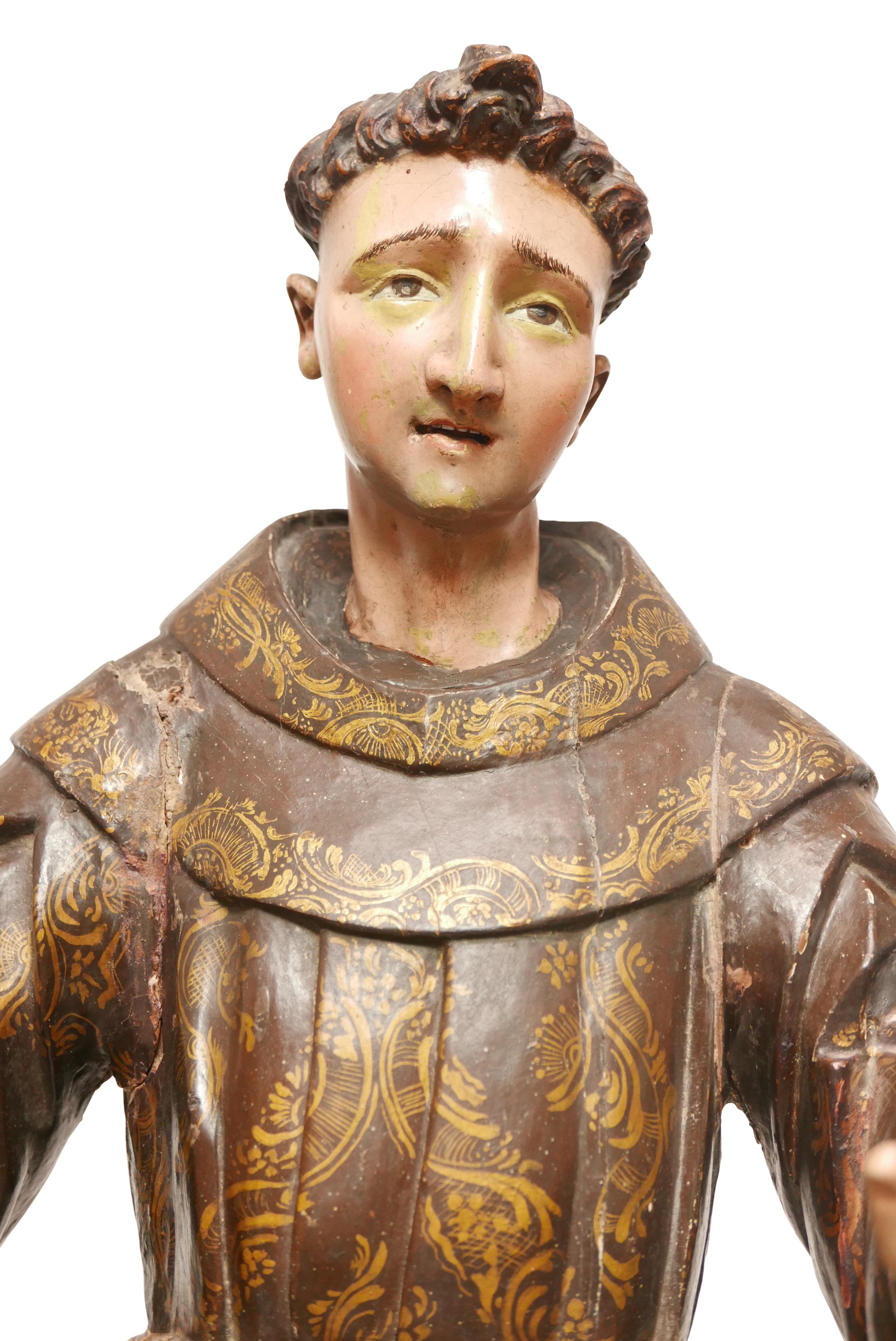 A very large and impressive statue of St Francis. Carved wood, gessoed, and painted with gilt decoration.
In extraordinary condition with original paint.
Possibly Mexican, 18th century.