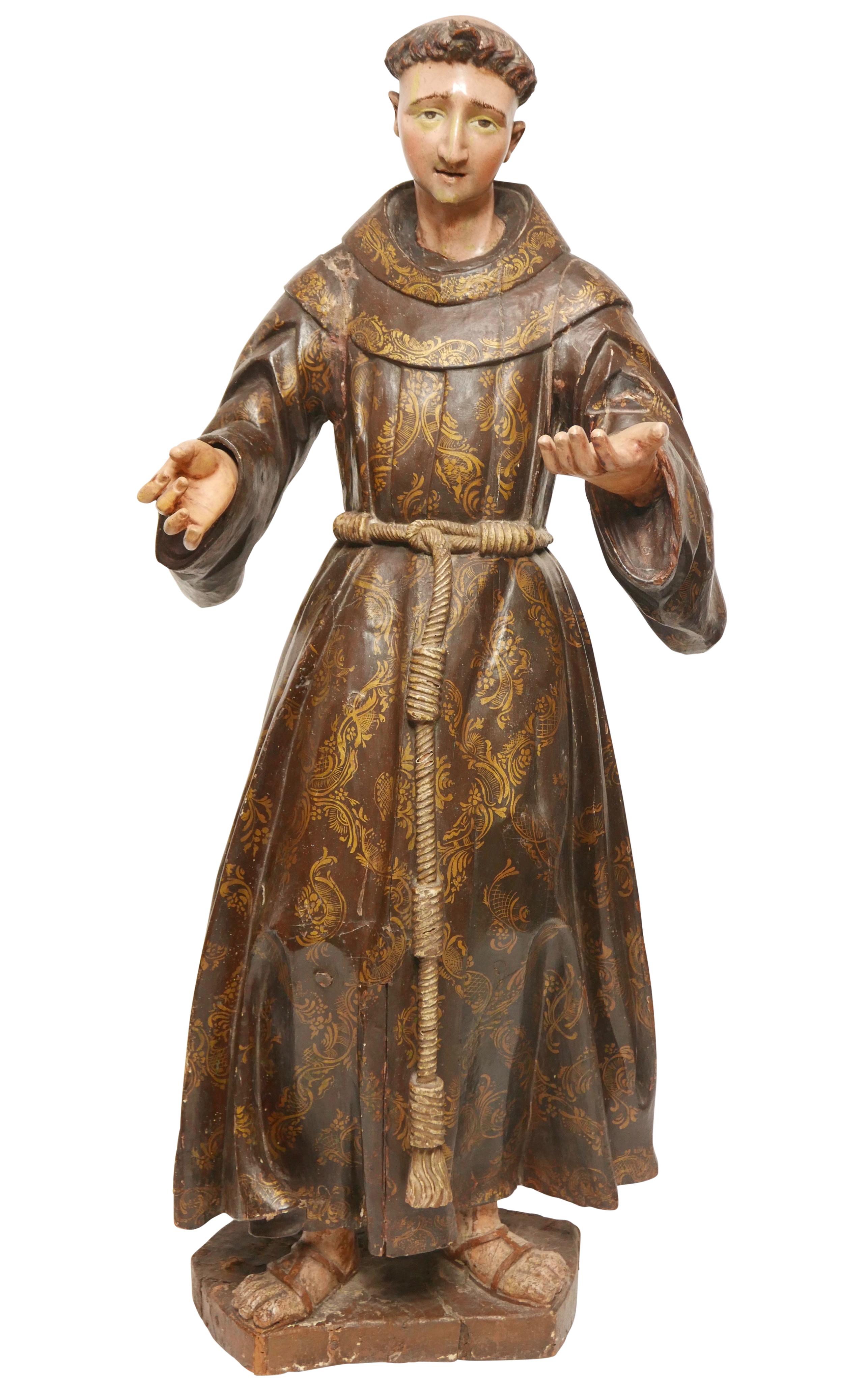 Mexican Large Spanish Colonial Carved and Painted St Francis Statue, 18th Century