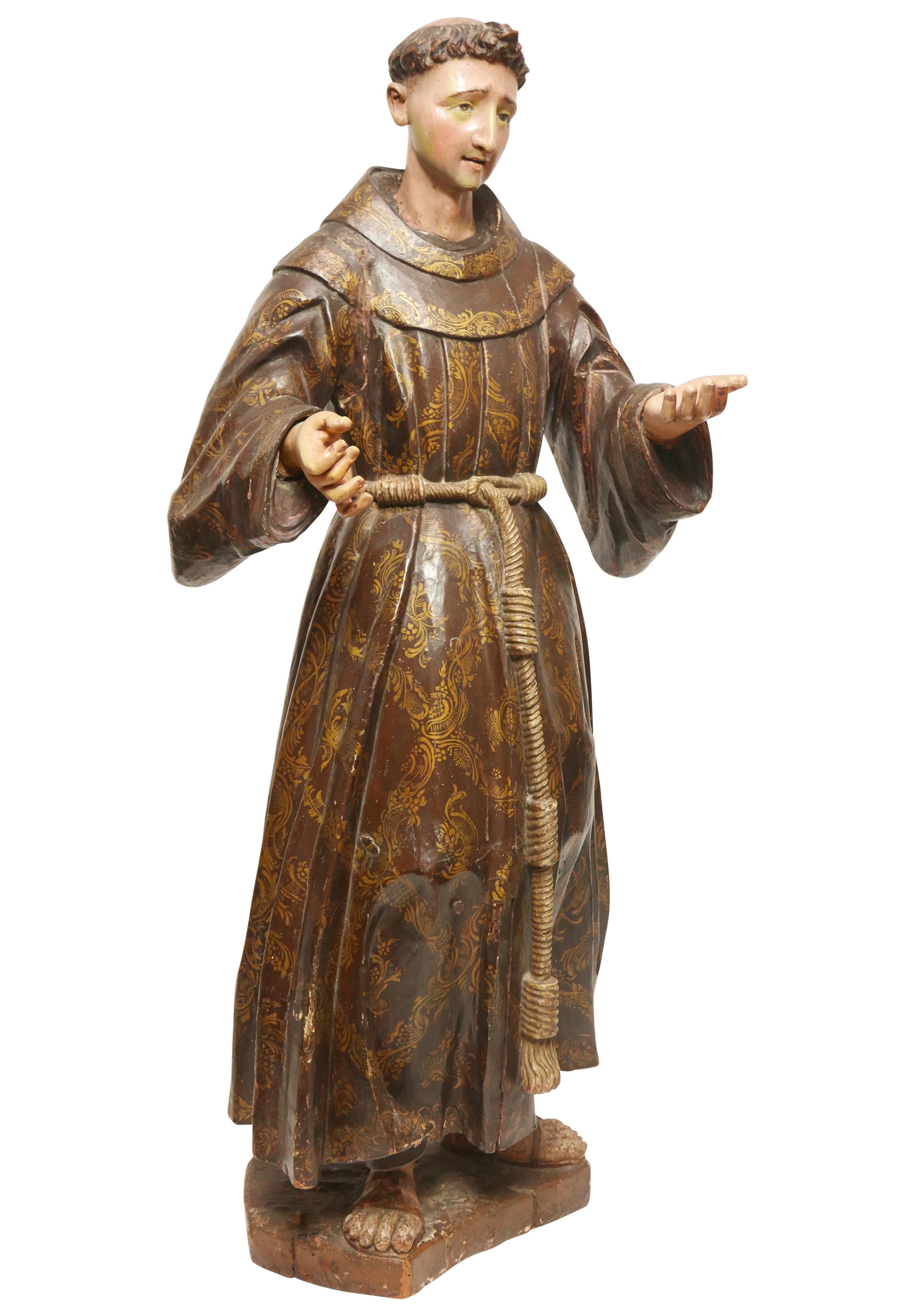 Large Spanish Colonial Carved and Painted St Francis Statue, 18th Century In Good Condition In San Francisco, CA