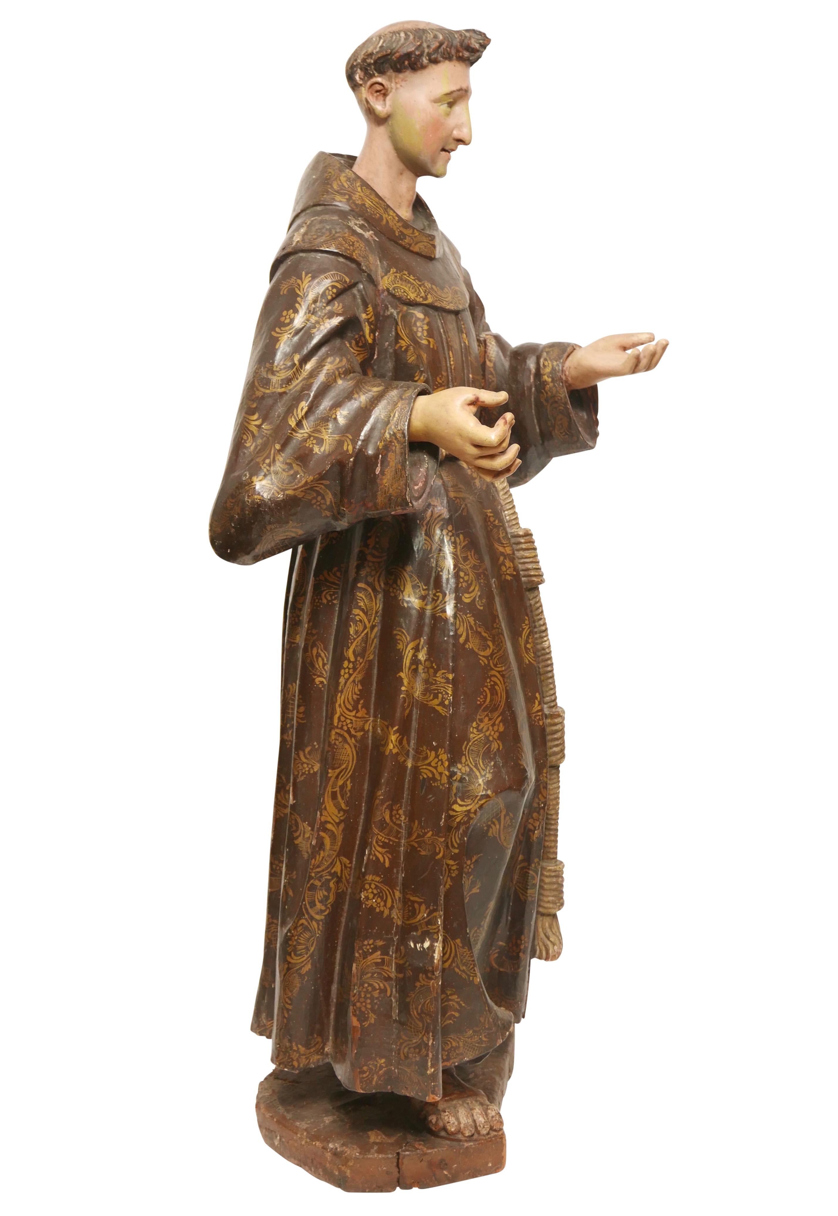 18th Century and Earlier Large Spanish Colonial Carved and Painted St Francis Statue, 18th Century