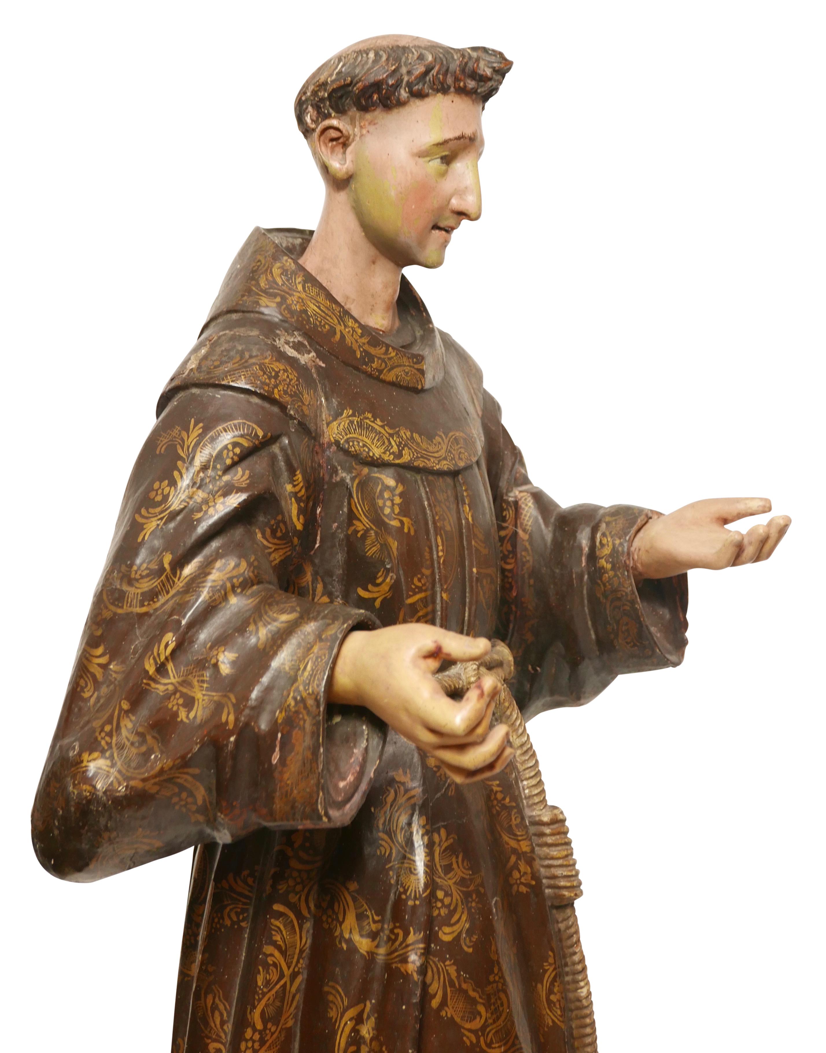 Wool Large Spanish Colonial Carved and Painted St Francis Statue, 18th Century