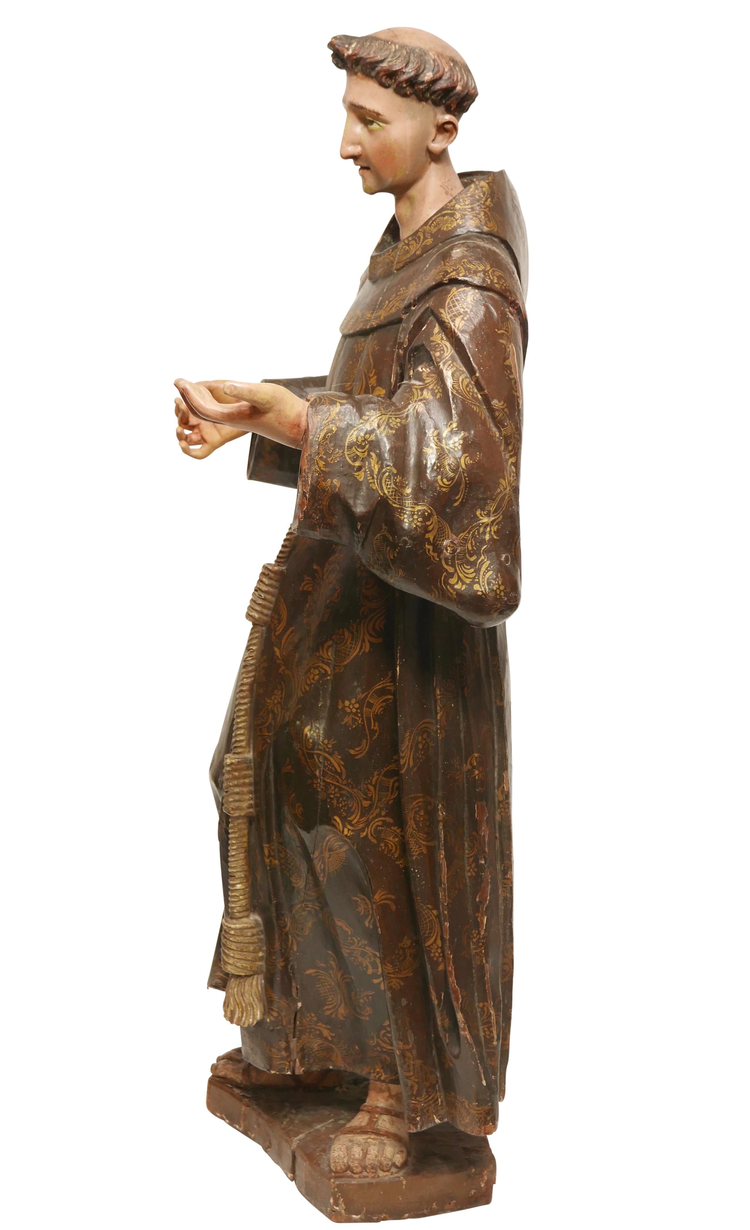 Large Spanish Colonial Carved and Painted St Francis Statue, 18th Century 1