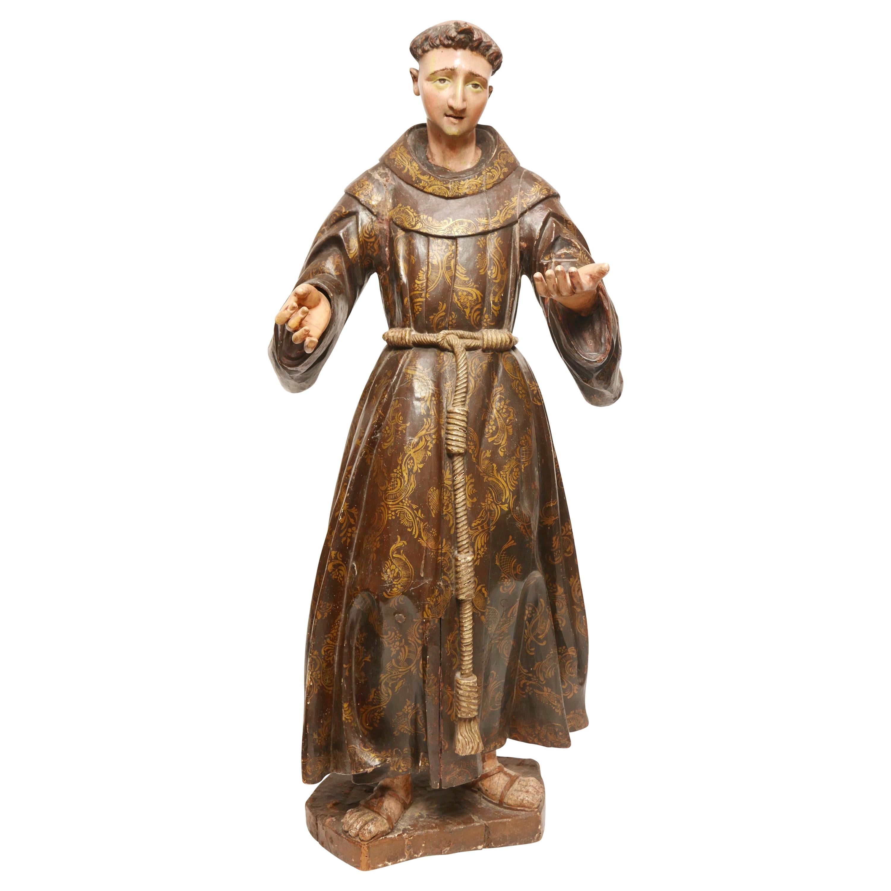 Large Spanish Colonial Carved and Painted St Francis Statue, 18th Century