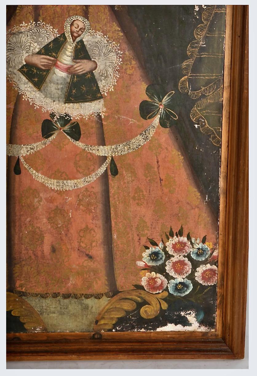 Hand-Painted Large Spanish Colonial Cuzco School Virgin Mary Painting