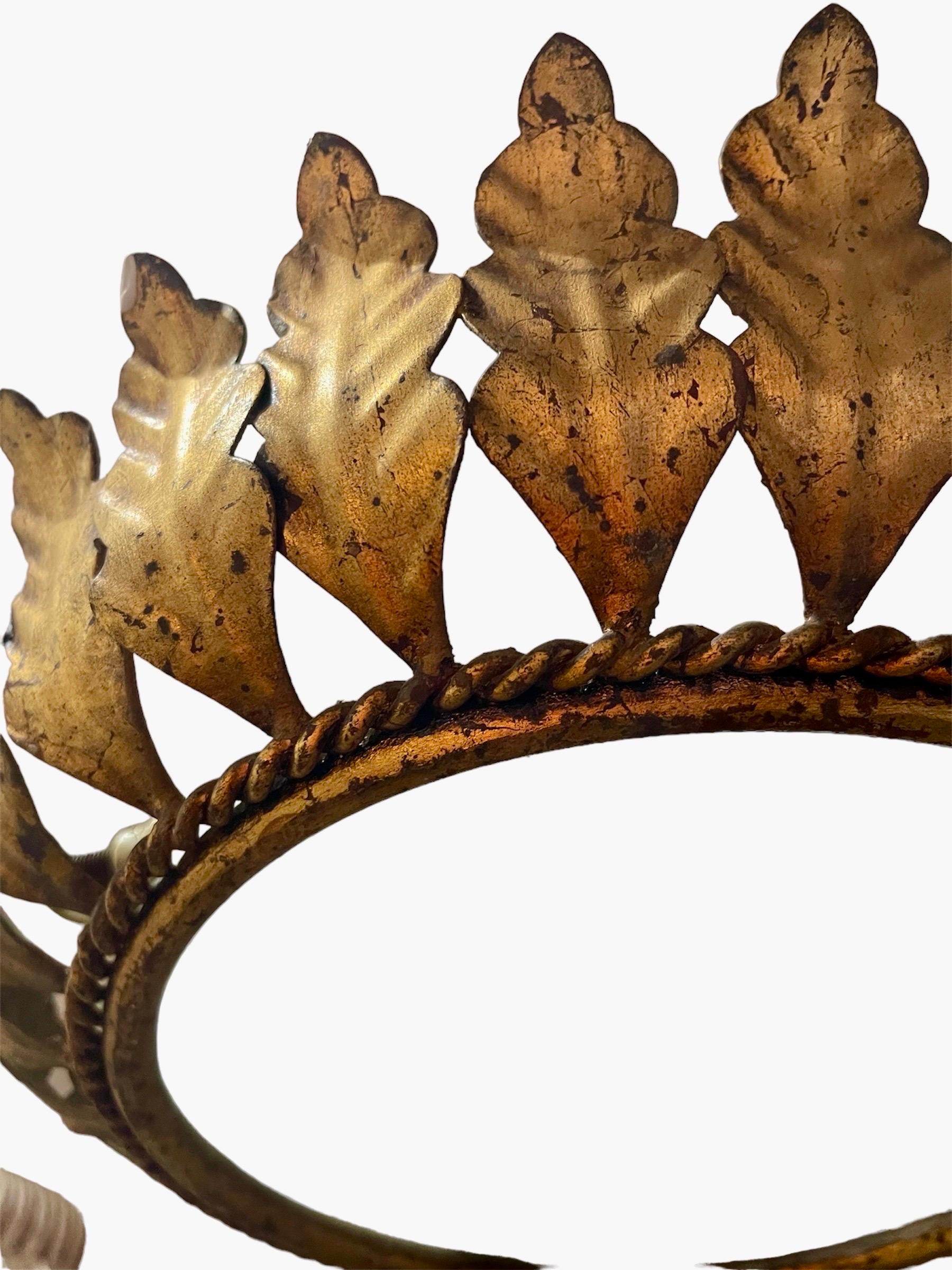 Mid-Century Modern Large Spanish Crown Sunburst fixture in Gilt Metal and frost Glass , circa 1950 For Sale