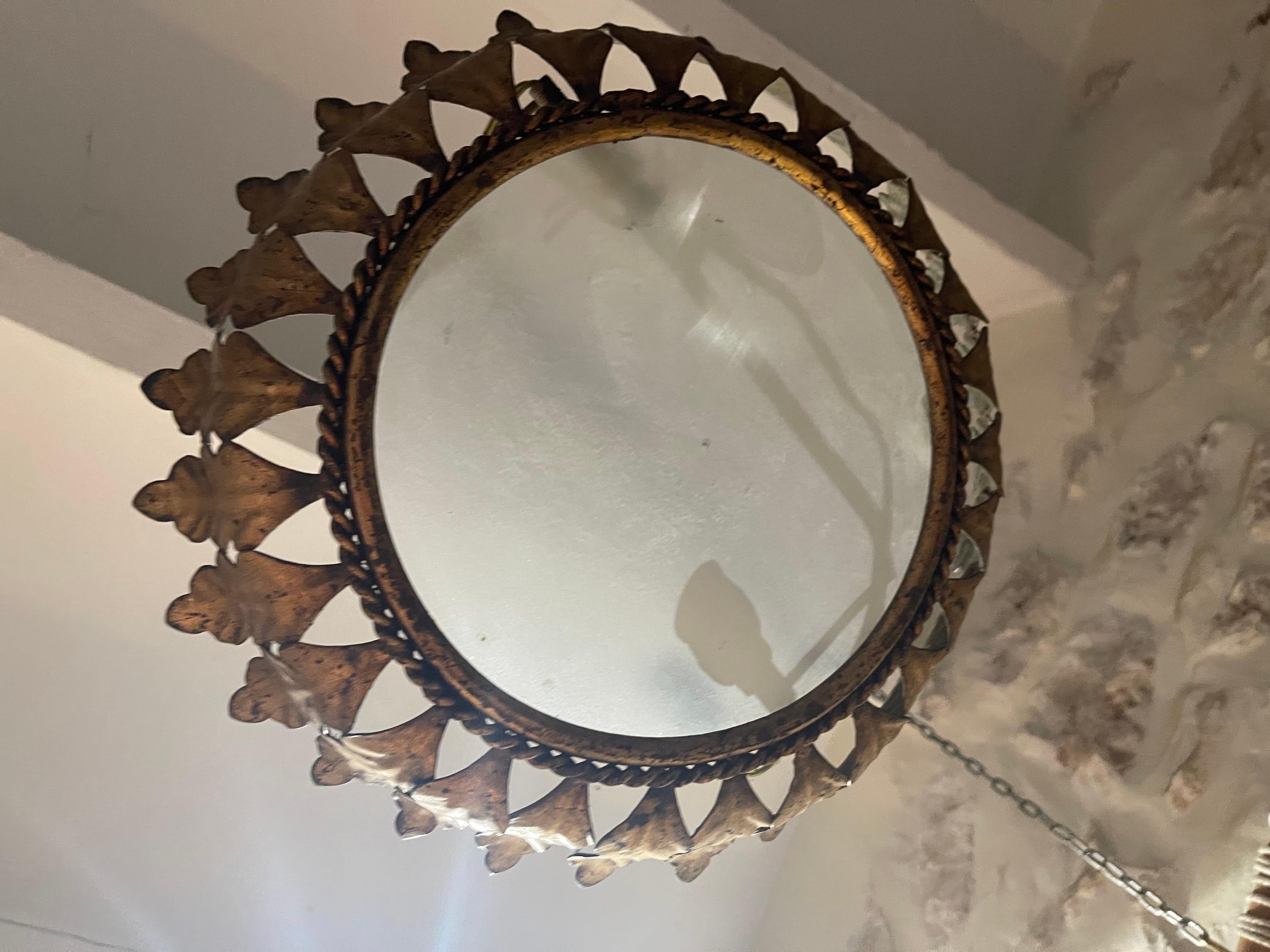 Large Spanish Crown Sunburst fixture in Gilt Metal and frost Glass , circa 1950 In Good Condition For Sale In La xara, VC