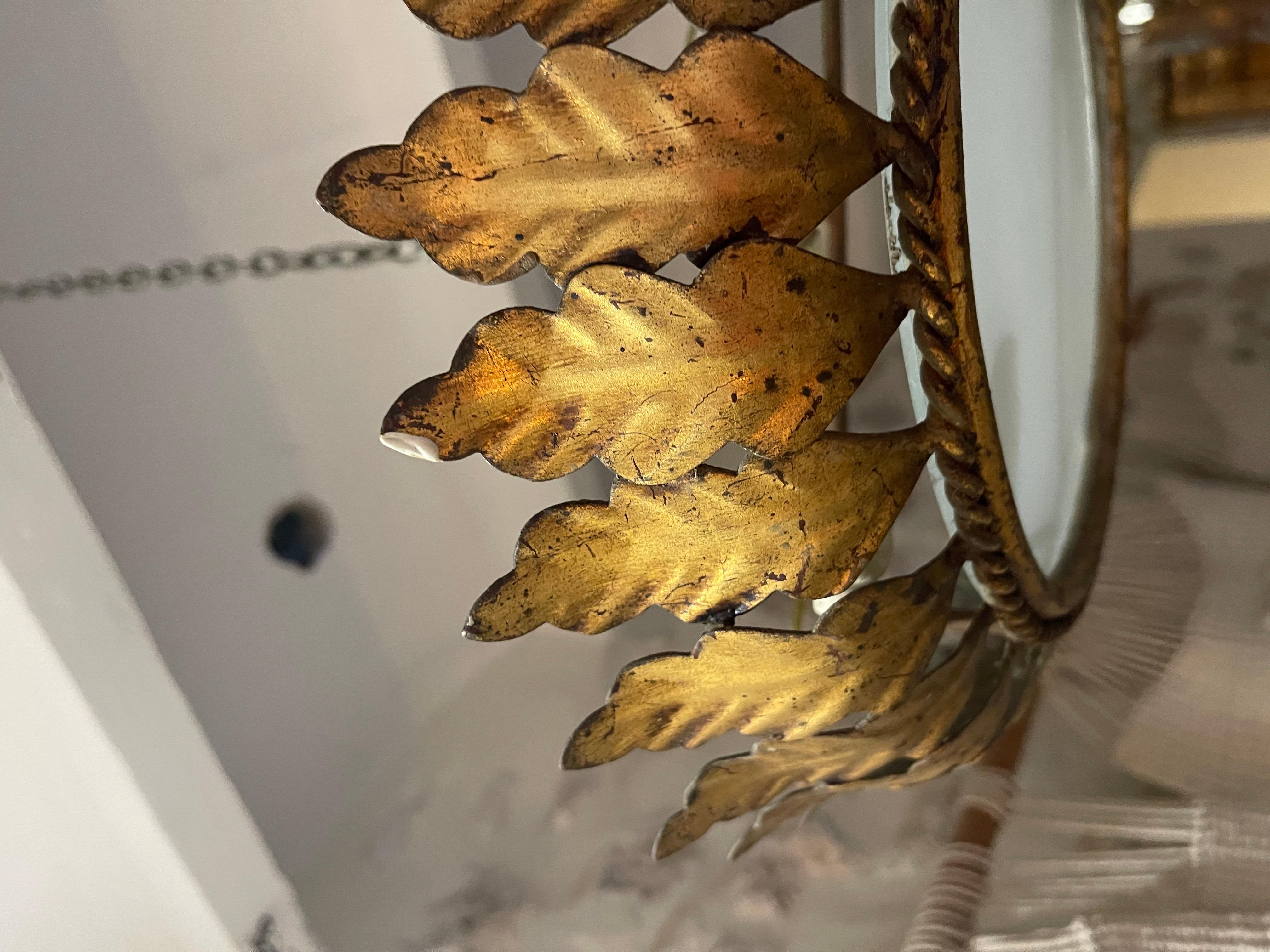 Mid-20th Century Large Spanish Crown Sunburst fixture in Gilt Metal and frost Glass , circa 1950 For Sale