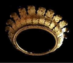 Large Spanish Crown Sunburst fixture in Gilt Metal and frost Glass , circa 1950