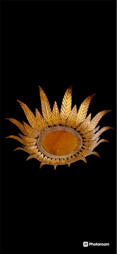 Large Spanish Crown Sunburst fixture in Gilt Metal and frost Glass , circa 1950
