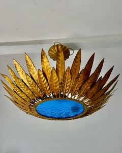 Large Spanish Crown Sunburst fixture in Gilt Metal and frost Glass , circa 1950