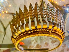 Large Spanish Crown Sunburst fixture in Gilt Metal and frost Glass , circa 1950