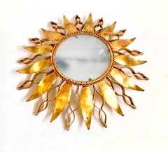 Large Spanish Crown Sunburst fixture in Gilt Metal and frost Glass , circa 1950