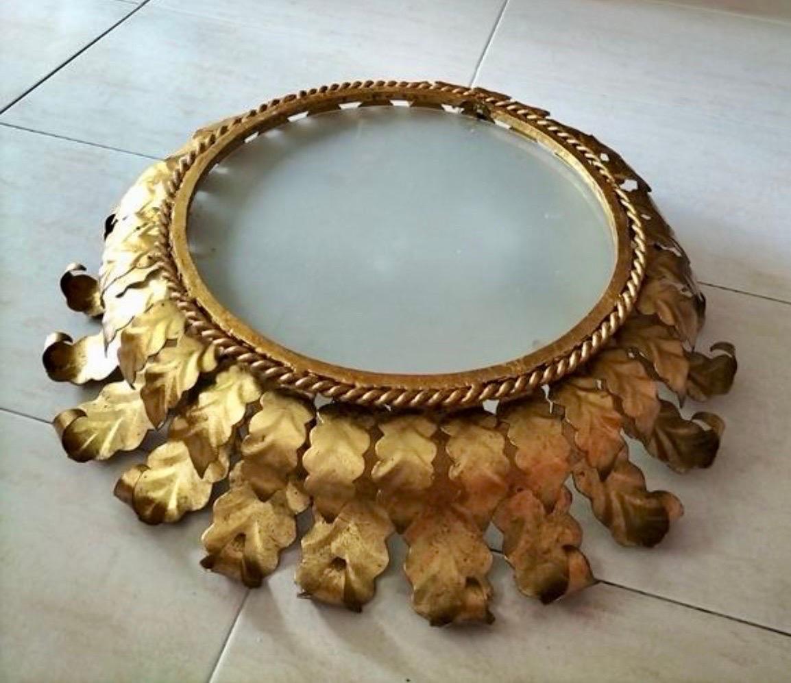 Mid-Century Modern Large Spanish Crown Sunburst fixture in Gilt Metal and frost Glass , circa 1950 For Sale