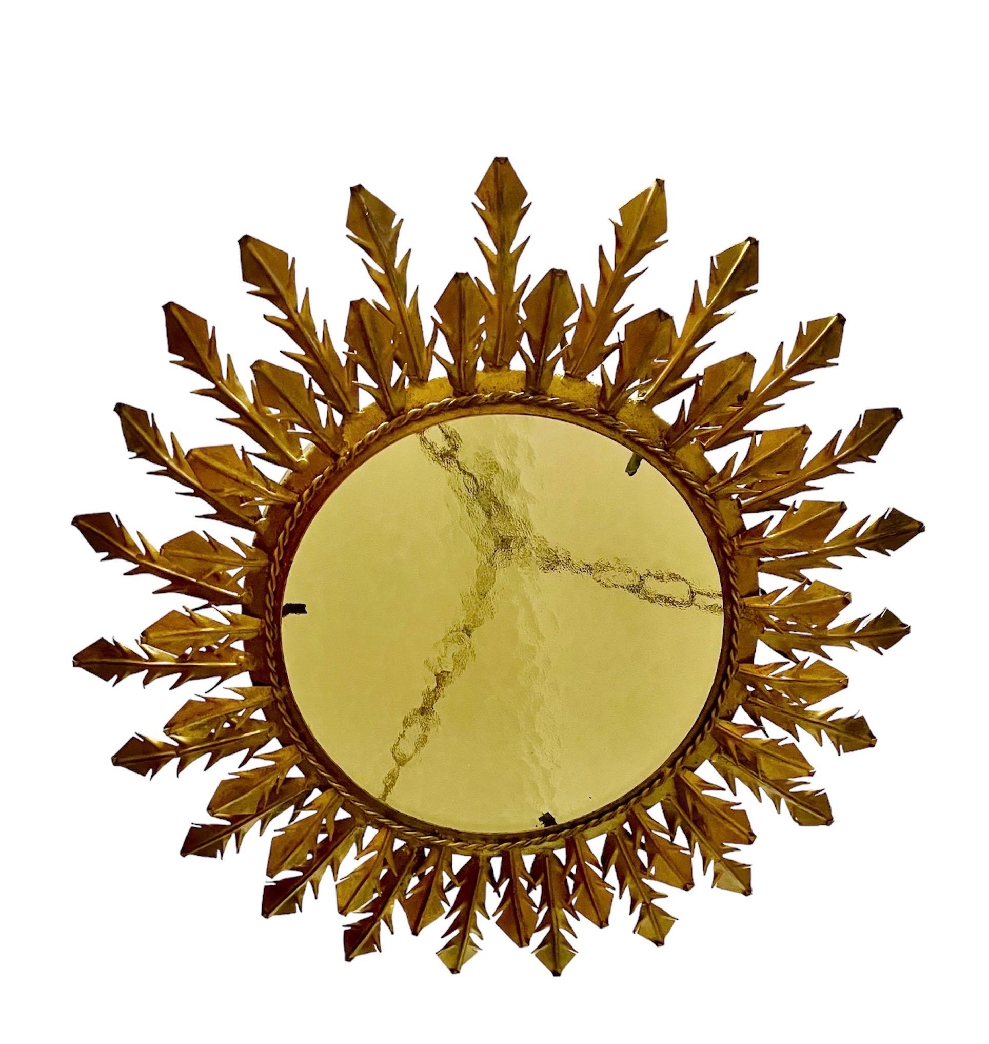 Mid-Century Modern Spanish solar Crown Sunburst fixture in Gilt Metal and frost Glass , circa 1950